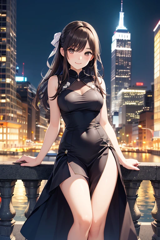 masterpiece (Photo_\\(Medium\\):1.2), (Photorealistic:1.2), Hyper realistic, Photorealism, Woman, Full body, full growth, Black hair, Long hair, Bangs, Yellow eyes, Eyelashes, Creepy grin, Beauty Skin,Tight Short Yellow Dress, Small sized breasts, night city background, symmetry, depth of fields, 8K, VFX, thighs, breast, ass, nffsw, nffsw,