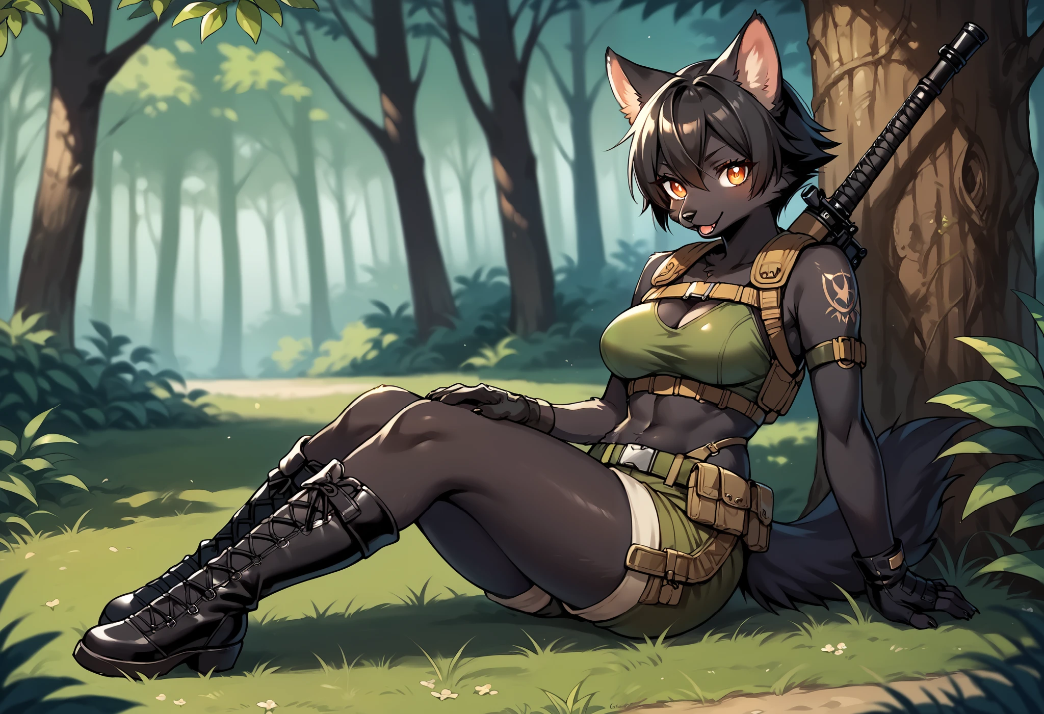 score_9, score_8_up) score_7_up, score_6_up, solo, full body, kemono, anthro, cute, short hair, orange eyes, white pupils, sexy, black fur, shorts, tactical harness, croptop, thigh high boots, assassin girl, mesh body suit, tactical gloves, medium breasts, forest background,