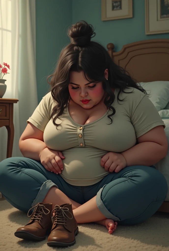 1 beautiful woman, large body, chubby, dark-haired lady, 40-year-old lady, closed eyes, dark-haired woman, mole near the lips, made-up face, long eyelashes, short ponytail, red hair at the ends, made-up eyelids, eyelids outlined with makeup, open mouth, zero-sleeve pink T-shirt, TURQUOISE PANTS, small HOOP-shaped earrings, black bag, asleep with her mouth open, asleep leaning on the train seat, arms drooping, head bowed, nodding.