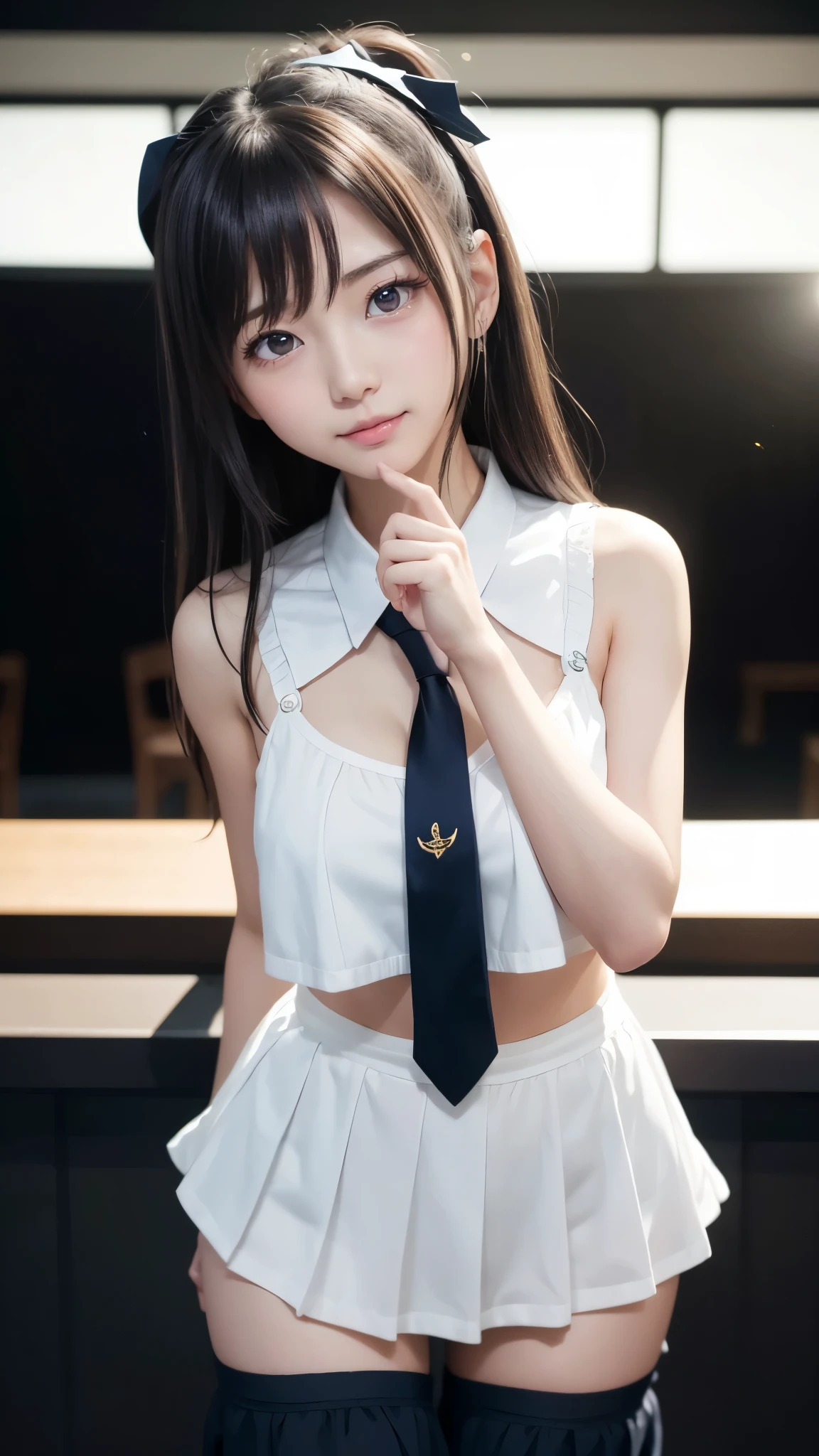 cuteセーラー服、Idol Smile、One beautiful woman、Baby Face、Detailed eyes and face、Beautiful Hands、Thin legs、(Highest quality:1.2), 8k, Official Art, chest、cute、(I can see your pants:1.3、Pulling on skirt)、 Trending on cgstation, Official Art, Whole Body Ezbian、The beauty of sailor suits、Cool look、(masterpiece:1.2)、(Highest quality)、(8k)、(Cinema Lighting)、(complicated)、Black Hair、18歳beautiful girl、Beautiful breasts、(beautiful girl, cute face), Gold decoration in hair、naked、Sweat、chestのクローズアップ, Gardenia, Viola family, space , Looking at the audience, Film Grain, chromatic aberration, in sharp focus, Face Light, Dynamic Lighting, Cinema Lighting, 非常にDetailed eyes and face, (cute tie:1.2)、(The right move)、(Perfect idol pose)、Professional photography techniques