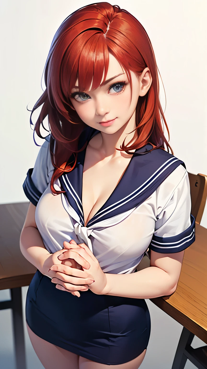 (highest quality, 8K, 32k, masterpiece, nffsw:1.2), (RAW photo), (realistic), (Photoreal:1.2), (High resolution), Super detailedな, very beautiful face and eyes, 1 girl, round and small face, big breasts thin waist、(((small breasts)))、(((white wall background)))、slim proportions, (school uniform, sailor suit、(白いsailor suit, short pencil skirt:1.23), (bust shot)、(((redhead)))、((short sleeve sailor suit))、(Close-up、highest quality、high detail、Rich skin details、nffsw)、(highest quality, 8K, table top:1.2), Super detailed, (realistic, realistic:1.37), (((full body shot)))、Bright colors, (((Hold your hands)))、(((sexy atmosphere)))、((( girl)))、((Bust isDcup))、(((light brown hair)))、(((white background)))、(((cleavage)))、(((girly hairstyle)))、(((long hair)))、(((in front of a white wall)))、(((light brown hair)))、(((I put my hand on my cheek)))、(((he has an evil smile on his face)))、(((The girth of the chest is 85 cm)))、(((small breasts mischievous expression)))