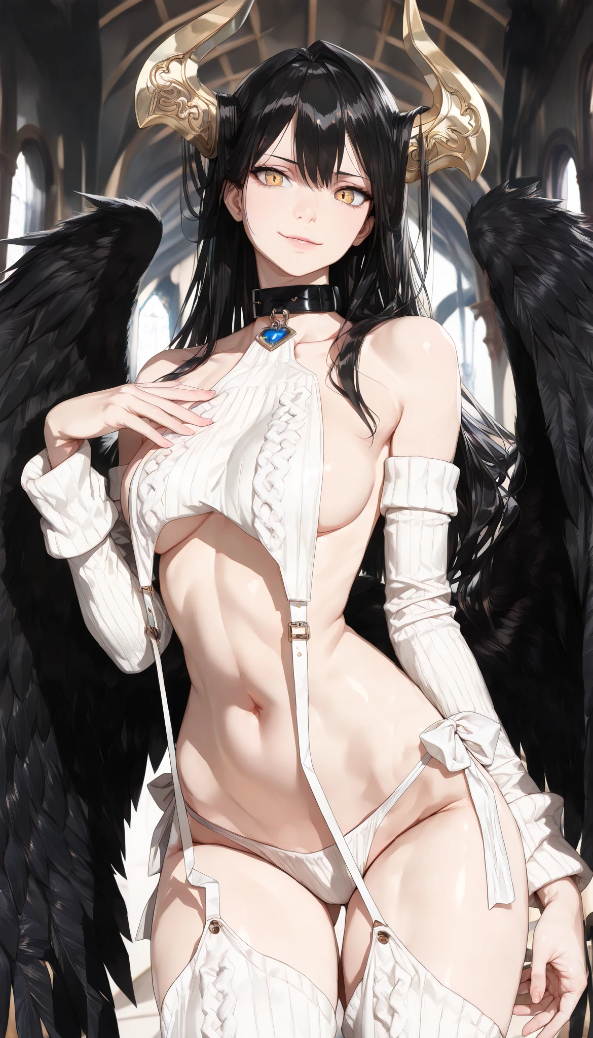 young woman with black angel wings, magenta eyes, black hair, naked, nude, perfect fingers, anatomically correct,