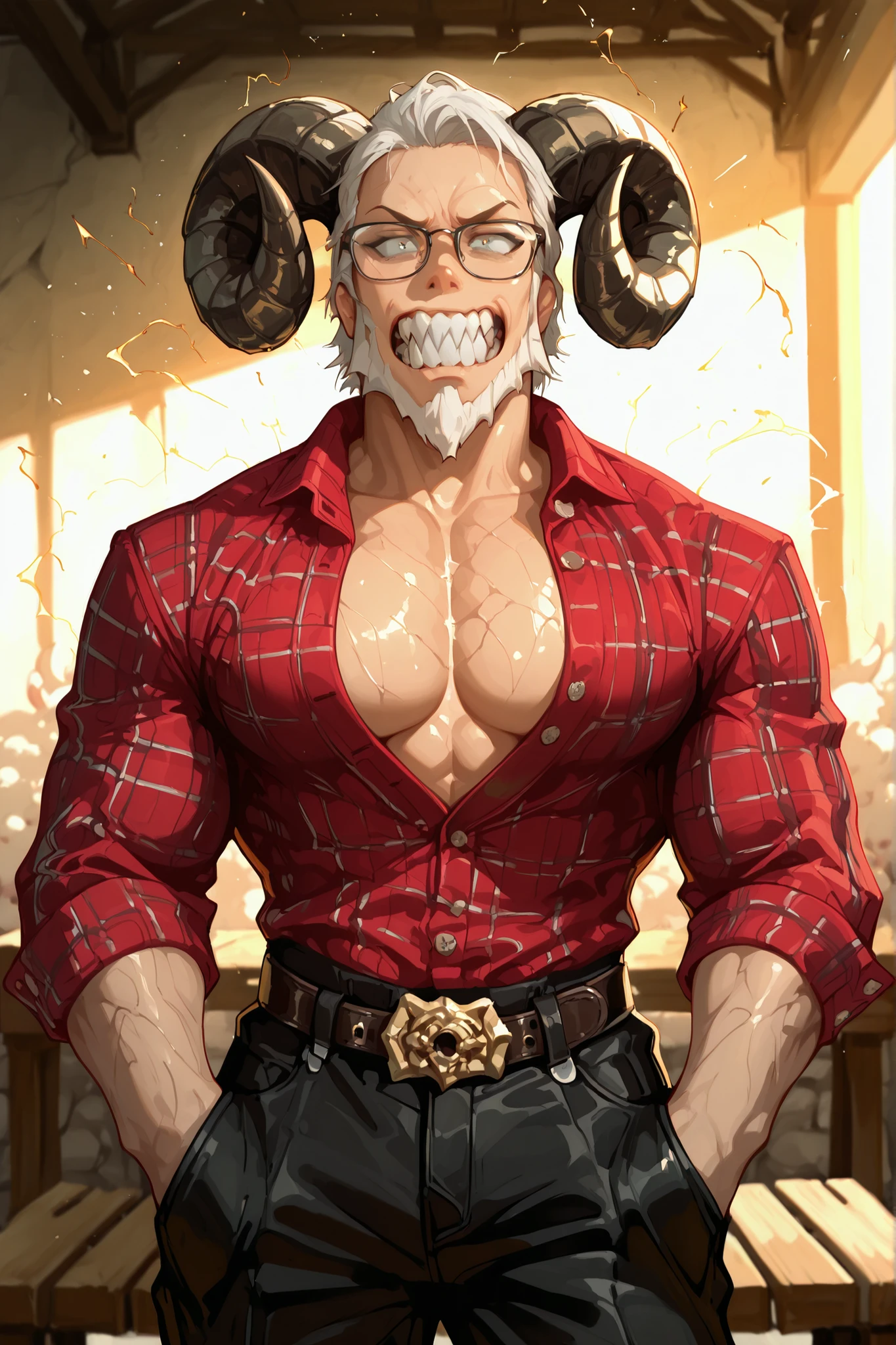 Masterpiece, Best Quality, Dynamic Lighting, Smooth Quality, 1man, anthropomorphic bear face, dark fur covering body, sheep horns (curved and polished), muscular build, white beard (thick and well-groomed), wearing glasses (round, gold-rimmed frames), red flannel shirt (rolled-up sleeves, slightly unbuttoned), black trousers (rugged, with a leather belt), angry expression (furrowed brows, sharp teeth slightly visible), standing in a dimly lit workshop, wooden workbench cluttered with tools, glowing forge in the background, sparks flying, dynamic shadows cast by the firelight, intense and rugged atmosphere, highres, absurdres, masterpiece, best quality, amazing quality