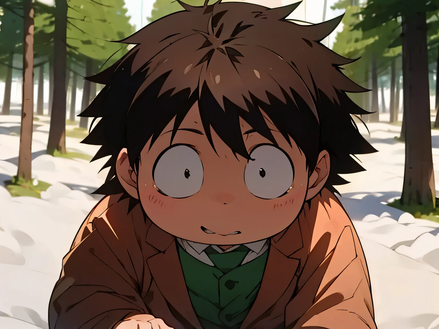 an image of Haruyuki Arita, high, anime style, Forest snow, brown hair, black eyes, fun