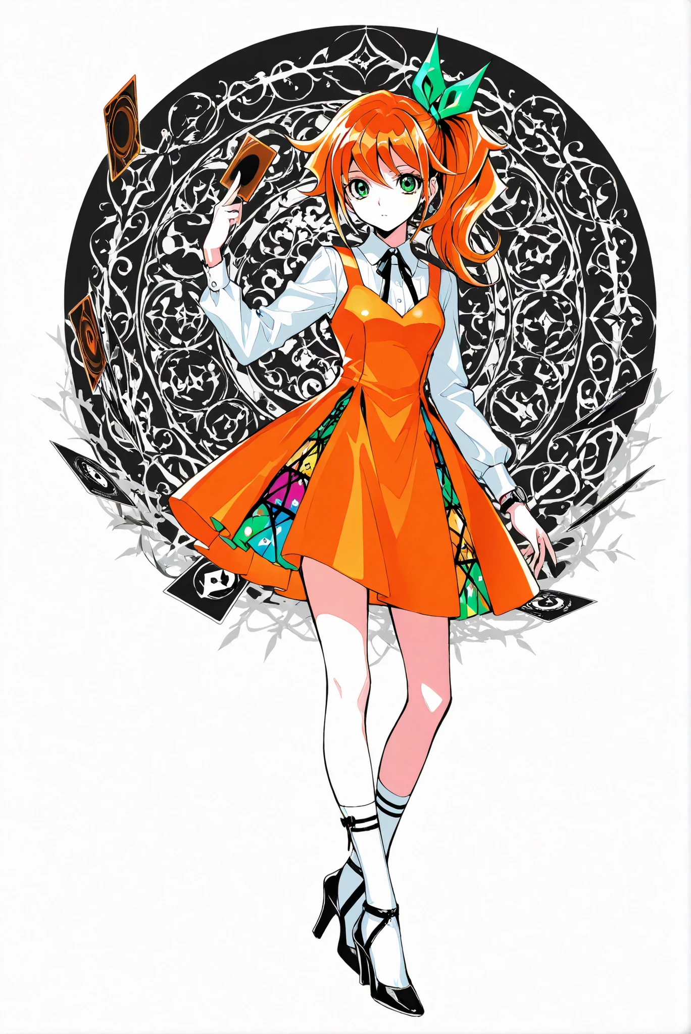 ( white background, stands,whole body, high heels, front view,Standing picture:1.7),HoleHeels,oval/Circle/Thorn/Horn Heels,,limited color palette,Colorful, vivid colors ,black light ,watch, Masterpiece, very beautiful, 1girl ,orange hair,green eyes,long hair,bow,side ponytail,bangs,hair bow,dress,shirt,long sleeves,ribbon,white shirt,hair,ribbon,orange dress,ponytail,socks,white socks, holding yugioh card, yugioh card,