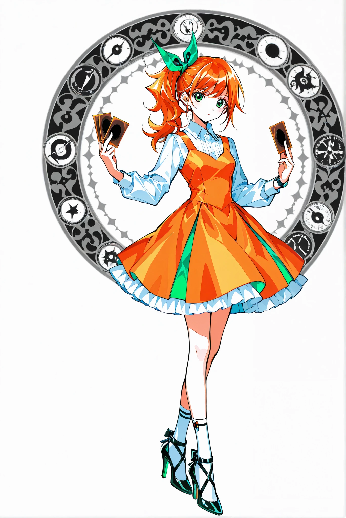 ( white background, stands,whole body, high heels, front view,Standing picture:1.7),HoleHeels,oval/Circle/Thorn/Horn Heels,,limited color palette,Colorful, vivid colors ,black light ,watch, Masterpiece, Very Beautiful, 1girl ,orange hair,green eyes,long hair,bow,side ponytail,bangs,hair bow,dress,shirt,long sleeves,ribbon,white shirt,hair,ribbon,orange dress,ponytail,socks,white socks, holding yugioh card, yugioh card,
