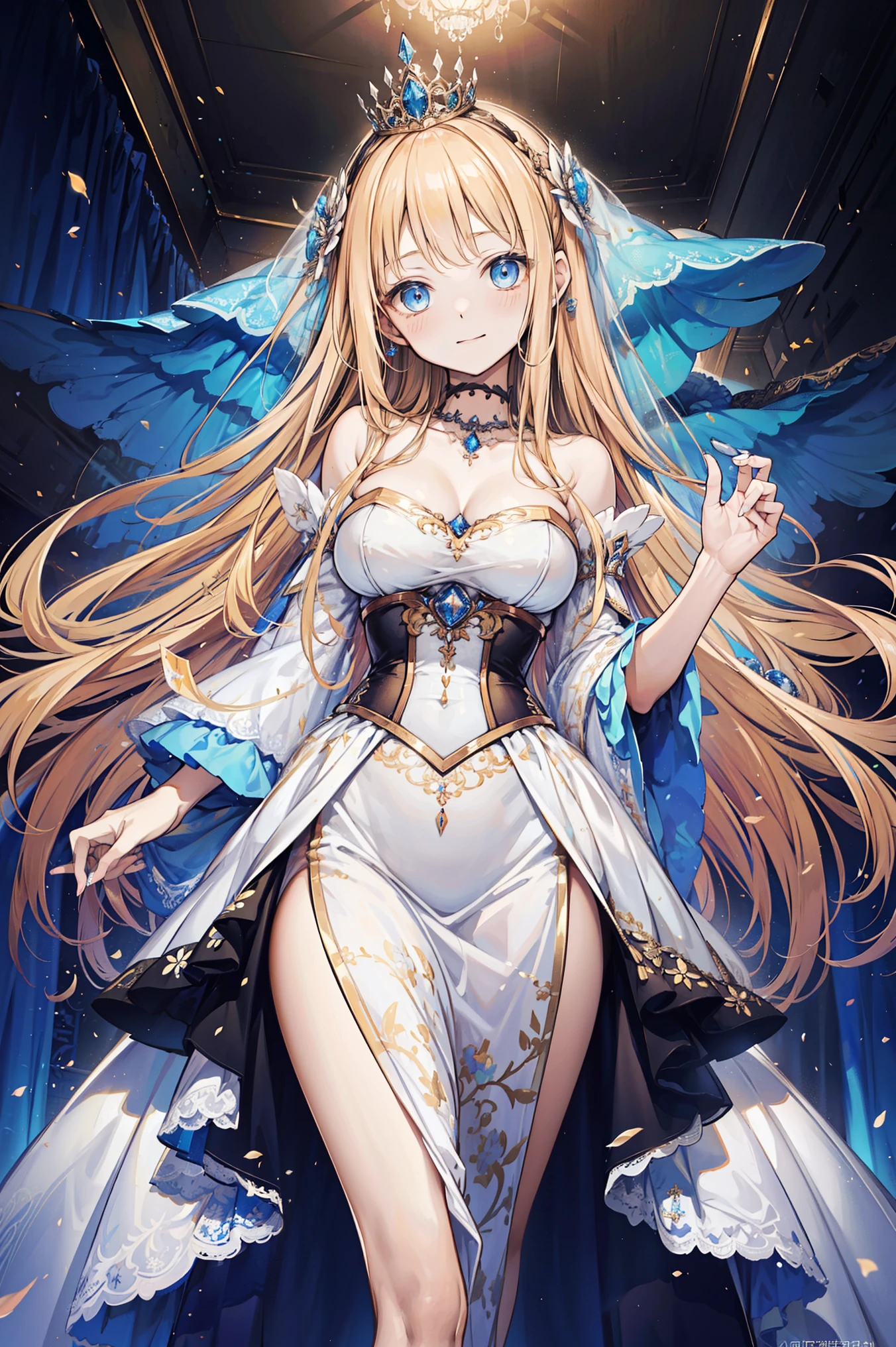 (4K、High resolution image quality、Detailed light、Detailed Shadows、Detailed Design)、1 girl、Fit your whole body in the frame、Blonde、Long Hair、Straight Hair、Fantasy、Blue and white outfit、((Modest chest、Small breasts))、Angel、((Valkyrie))、Decoration on the head、Angelの羽、Big feather、Glowing feathers、Floating in the sky、