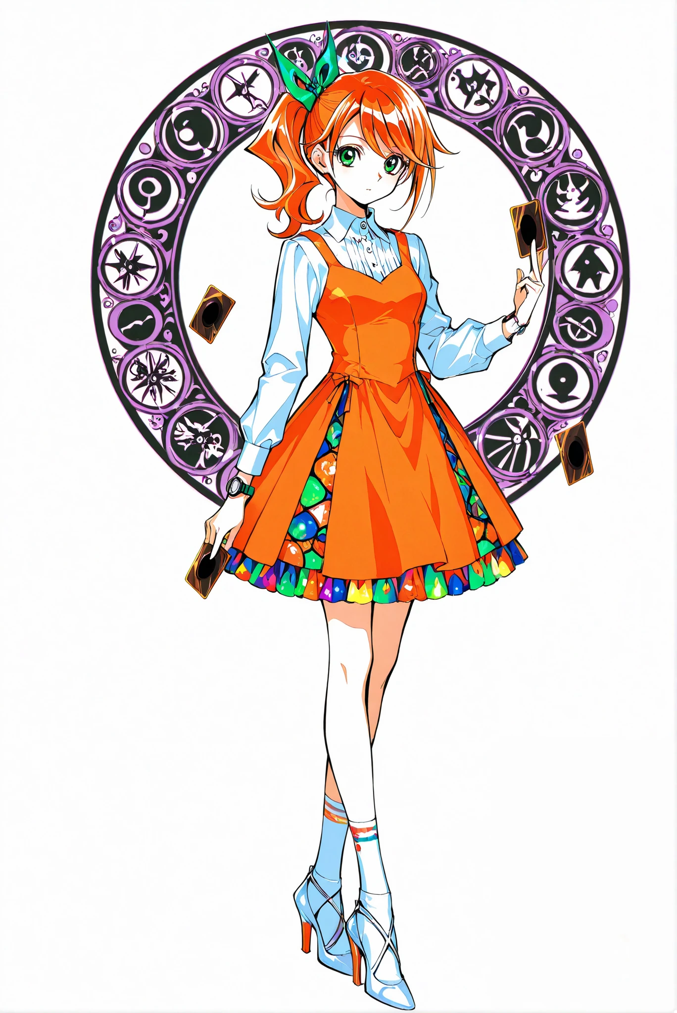 （ white background， stands，whole body， high heels， front view,Standing picture:1.7)，HoleHeels，oval/Circle/Thorn/Horn Heels，,limited color palette,Colorful, vivid colors ,black light ,watch,  Masterpiece, Very Beautiful, 1girl ,orange hair,green eyes,long hair,bow,side ponytail,bangs,hair bow,dress,shirt,long sleeves,ribbon,white shirt,hair,ribbon,orange dress,ponytail,socks,white socks, holding yugioh card, yugioh card,
