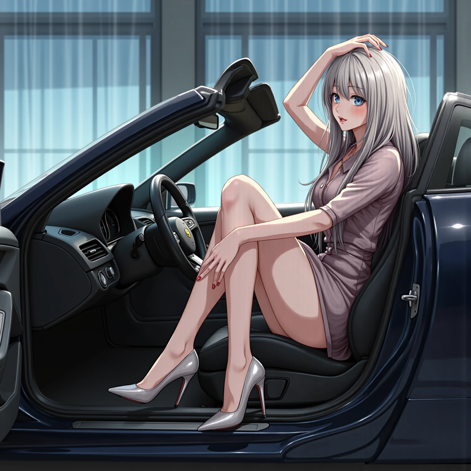 Elizabeth from the 7 deadly sins with great features inside a gtr 35 from the side do it like a drawing