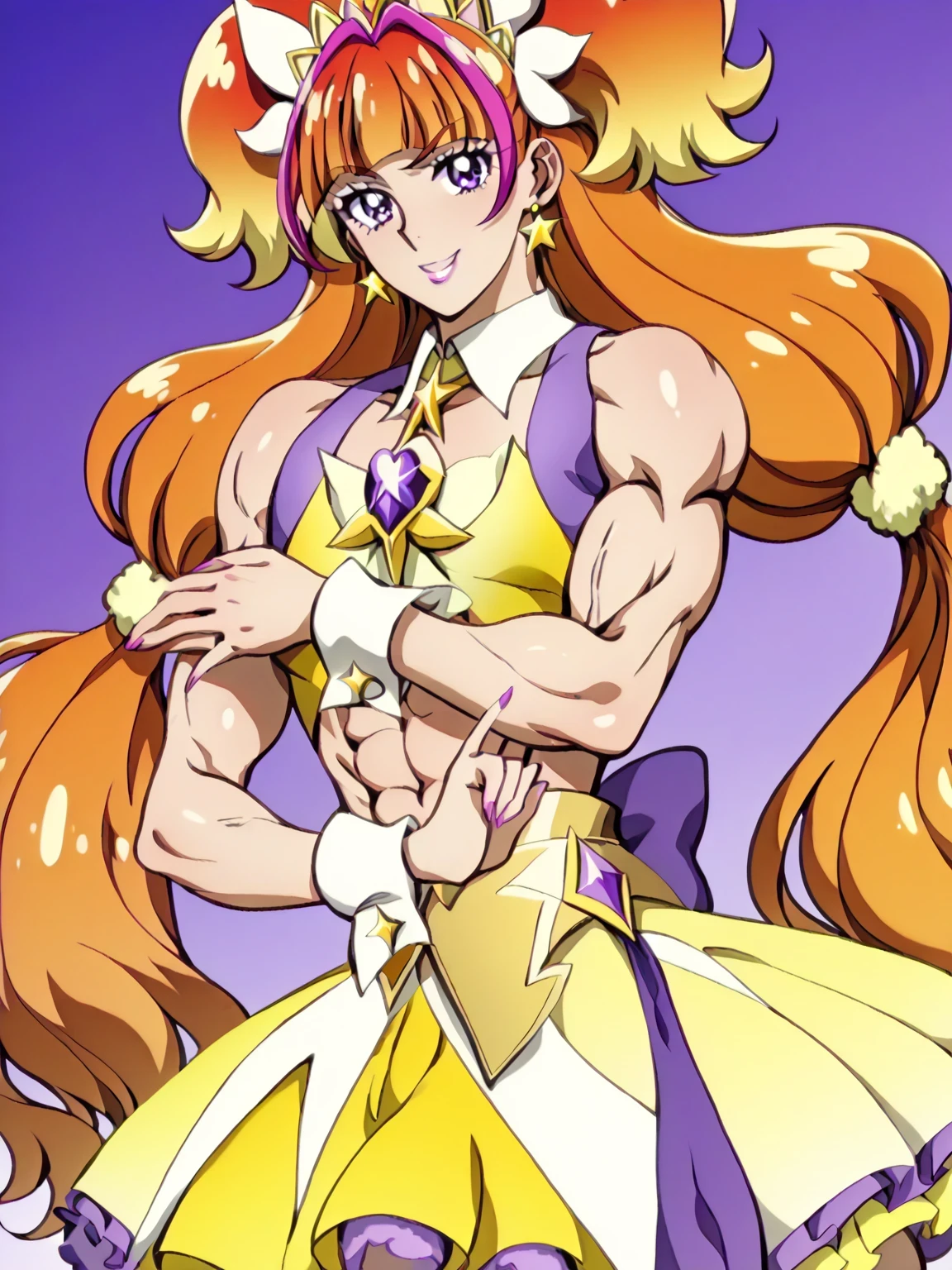 score 9 、score 8 up、score 7 up、 Masterpiece、 best quality、high resolution、anime coloring、1boy 、cure twinkle、(male:1.7)、Anime picture of a man with long hair in a dress、alone、 long hair、 orange hair 、low tied long hair、multicolored hair、 Hair、two tone hair、streaked hair、blunt bangs、twintails hair、high twin cone hair bun、low two side up hair、 purple eyes、yellow mini dress 、purple frills under yellow mini skirt、layered skirt、Jewelry brooch 、 V line around waist 、isolated、Muscular and strong、 white boots、strapless dress、 sexy、thigh boots、Strong muscles、 yellow miniskirt、purple bow、purple high leg cut panty、yellow bow、purple high leg cut panty under yellow mini skirt、Sparkling Magical Boy、masculinization、 a sexy atmosphere、 Prince of Power 、ultra mega super hyper sexy、 Masculine and Disguised 、(manly:1.6)、!!full body portrait!!、むき出しの肩、Bare Arms、Bare Crotch 、 Bare Thighs 、wrist cuffs、pectoralis major、biceps、triceps、brachioradialis 、deltoids、thigh muscles、 Magical Boy's Style 、sexy male、lewd male、 magical aura、perfect body、perfect hands、perfect arms、perfect legs、 male focus、looking at viewer、cure twinkle costume、alone focus、cowboy shot、(male body:1.7)、beefcake style、(manly face:1.65)、orange background、purple background、multicolored background、