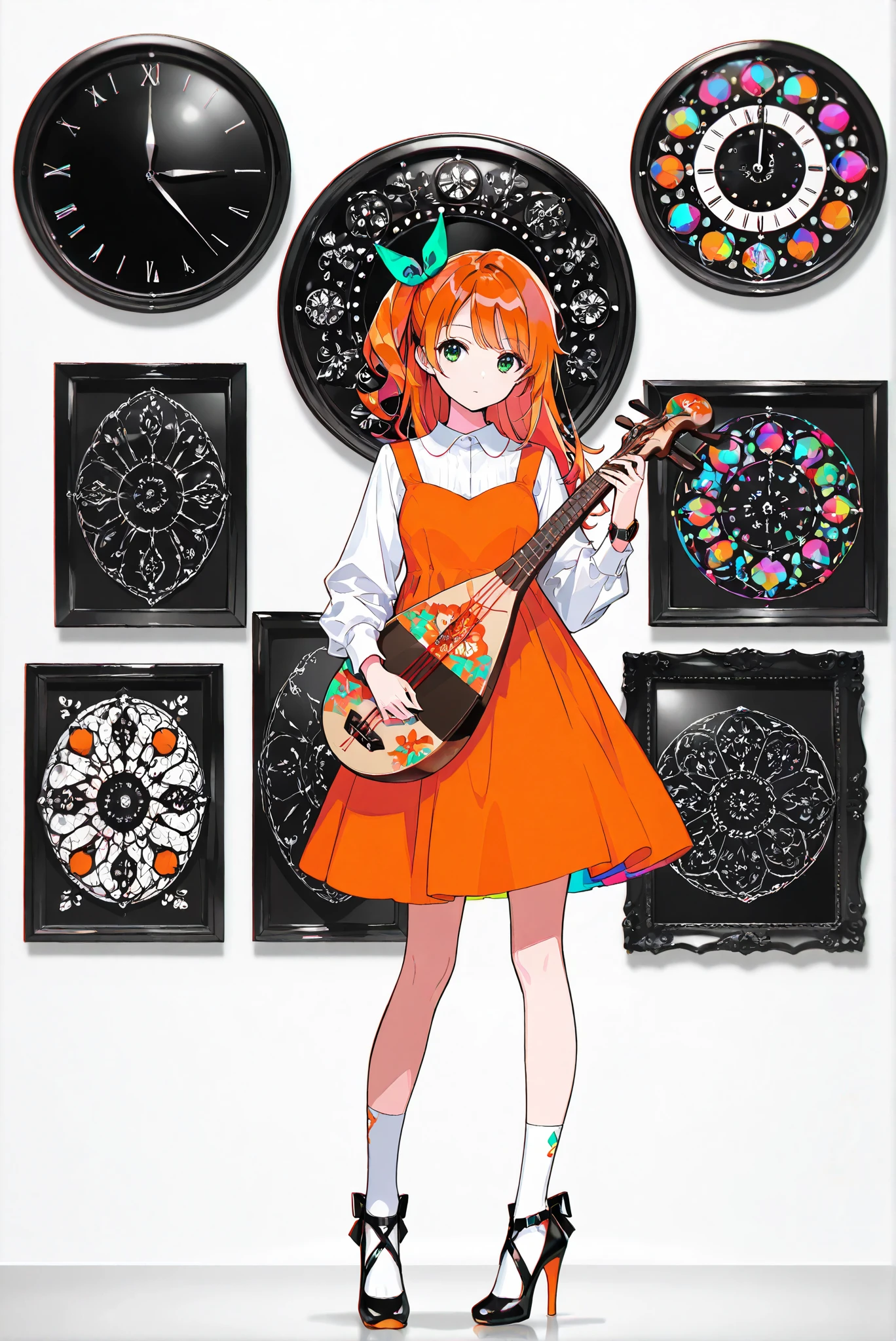 ( white background, stands,whole body, high heels, front view,Standing picture:1.7),HoleHeels,oval/Circle/Thorn/Horn Heels,,limited color palette,Colorful, vivid colors ,black light ,watch, Masterpiece, very beautiful, 1girl ,orange hair,green eyes,long hair,bow,side ponytail,bangs,hair bow,dress,shirt,long sleeves,ribbon,white shirt,hair,ribbon,orange dress,ponytail,socks,white socks,holding_instrument,lute_(instrument)