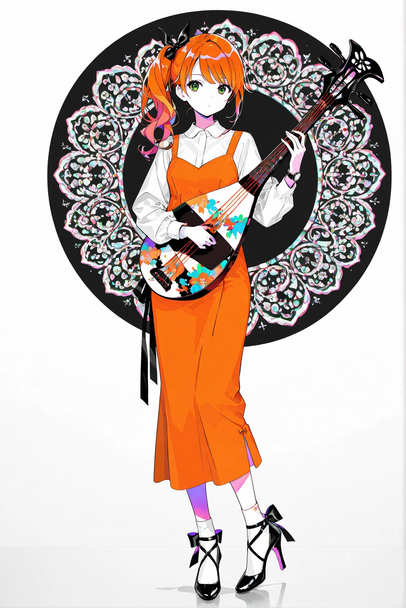 ( white background, stands,whole body, high heels, front view,Standing picture:1.7),HoleHeels,oval/Circle/Thorn/Horn Heels,,limited color palette,Colorful, vivid colors ,black light ,watch, Masterpiece, very beautiful, 1girl ,orange hair,green eyes,long hair,bow,side ponytail,bangs,hair bow,dress,shirt,long sleeves,ribbon,white shirt,hair,ribbon,orange dress,ponytail,socks,white socks,holding_instrument,lute_(instrument)