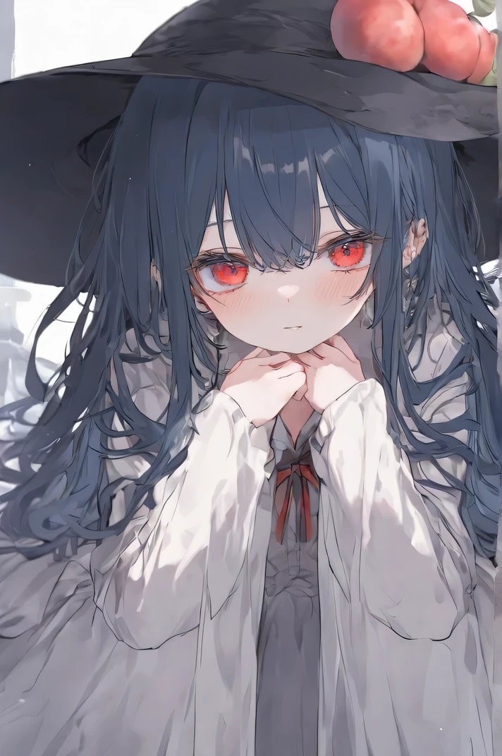 , Top , Best Quality , Official Art , beauty, And pick , Very Detailed ( Split Art 1 .2),Most Detailed , A Girl , face expressionless face , Dark Blue Long Hair , wearing a wizard hat, dark red eyes , Very Detailed , High detail , Tall cool girl , Dark colors , Low eyes , Light Red , meditation, Tall children, shy expression , Facing the Audience