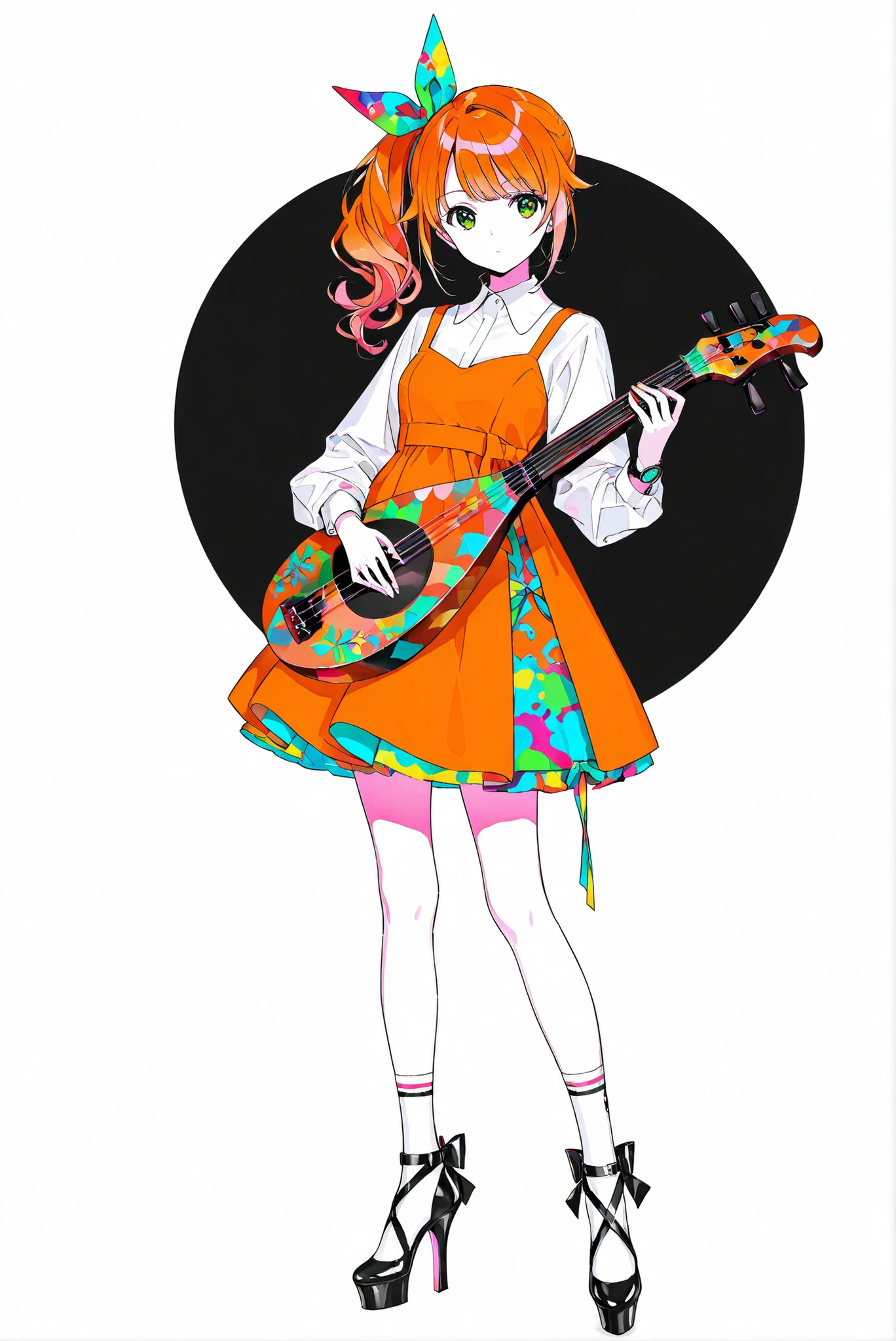 ( white background, stands,whole body, high heels, front view,Standing picture:1.7),HoleHeels,oval/Circle/Thorn/Horn Heels,,limited color palette,Colorful, vivid colors ,black light ,watch, Masterpiece, very beautiful, 1girl ,orange hair,green eyes,long hair,bow,side ponytail,bangs,hair bow,dress,shirt,long sleeves,ribbon,white shirt,hair,ribbon,orange dress,ponytail,socks,white socks,holding_instrument,lute_(instrument)