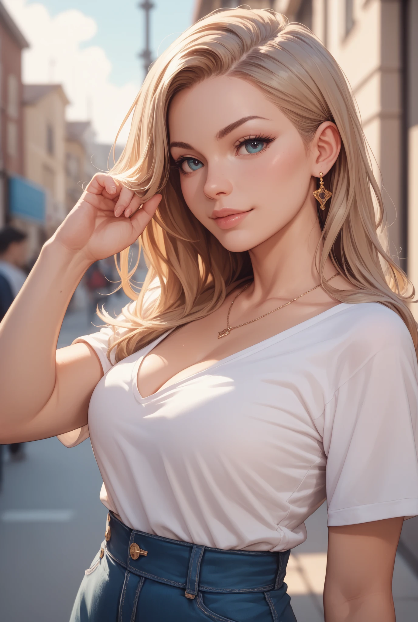 gorgeous female 26 year old eastern european model, high level of depth of field photography, high definition, white plain t-shirt, faded blue jeans cosmetic shoot model, victorias secret model, cityscape backdrop, ultra photorealistic