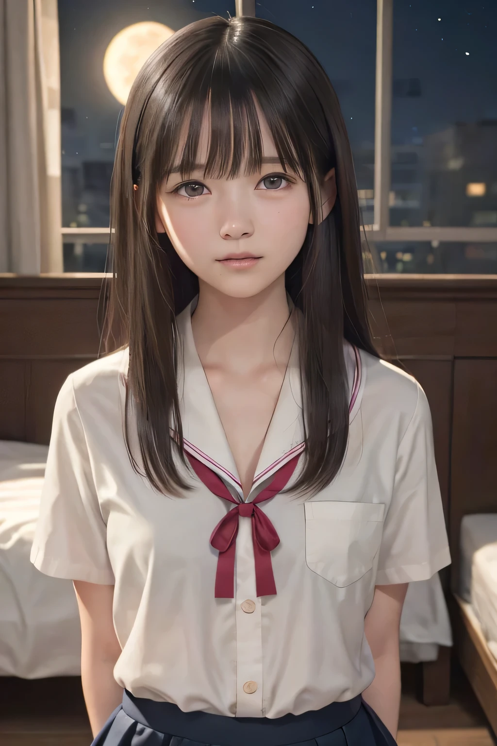 (masterpiece, Best Quality, 8K,Raw photo, High resolution:1.5), (1 girl, upper body, kneeling on the floor, Restrained girl, a girl is crying, arms behind back:1.6), (crying, sobbing, tearing, tearful, full-face blush, embarrassed, shyness), (dark background, night, indoor, moon light, bedroom, double bed:1.8), (Candid, Sophisticated, Thin arms, Narrow waist, Slim body, Slender girl:1.7), (Bokeh:1.7), (cleavage, small breasts:1.5), Beauty, (taken off shirt, Unbuttoned shirt, naked open shirt, school sailor uniform with red ribbon, serafuku, short sleeve shirt, Pleated miniskirt, slave metal collar, chained handcuff:1.9), (short two braids hair, black eyes:1.8), (forehead:1.7), japanese