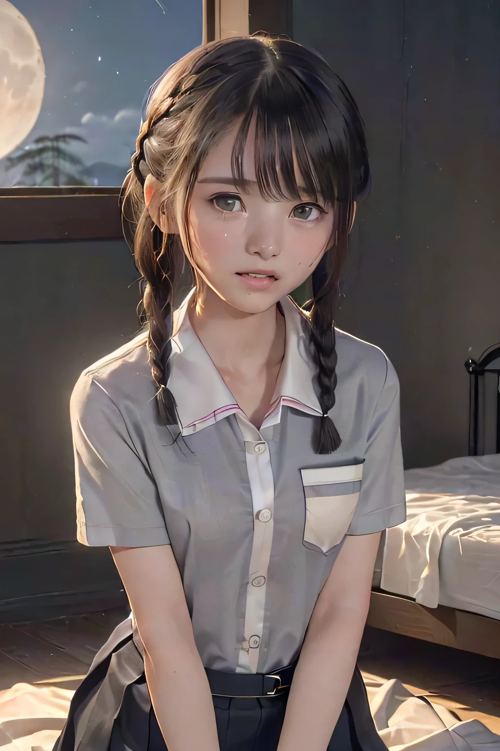(masterpiece, Best Quality, 8K,Raw photo, High resolution:1.5), (1 girl, upper body, kneeling on the floor, Restrained girl, a girl is crying, arms behind back:1.6), (crying, sobbing, tearing, tearful, full-face blush, embarrassed, shyness), (dark background, night, indoor, moon light, bedroom, double bed:1.8), (Candid, Sophisticated, Thin arms, Narrow waist, Slim body, Slender girl:1.7), (Bokeh:1.7), (cleavage, small breasts:1.5), Beauty, (taken off shirt, Unbuttoned shirt, naked open shirt, school uniform vest, short sleeve shirt, Pleated miniskirt, slave metal collar, chained handcuff:1.9), (short two braids hair, black eyes:1.8), (forehead:1.7), japanese