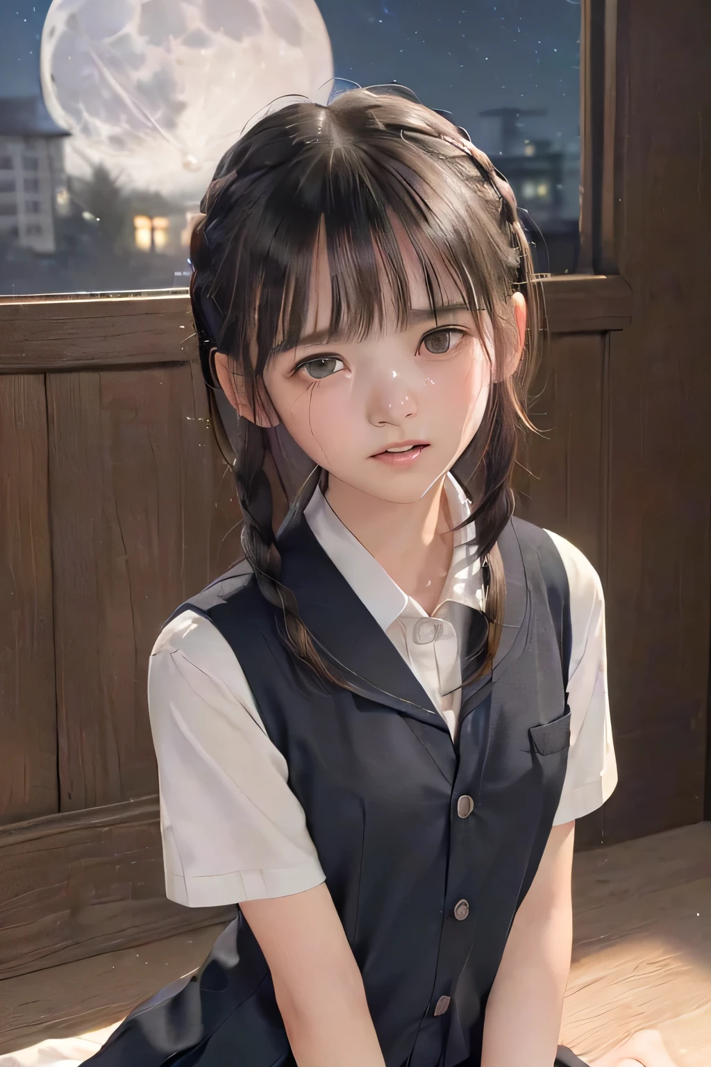 (masterpiece, Best Quality, 8K,Raw photo, High resolution:1.5), (1 girl, upper body, kneeling on the floor, Restrained girl, a girl is crying, arms behind back:1.6), (crying, sobbing, tearing, tearful, full-face blush, embarrassed, shyness), (dark background, night, indoor, moon light, bedroom, double bed:1.8), (Candid, Sophisticated, Thin arms, Narrow waist, Slim body, Slender girl:1.7), (Bokeh:1.7), (cleavage, small breasts:1.5), Beauty, (taken off shirt, Unbuttoned shirt, naked open shirt, school sailor uniform, vest, short sleeve shirt, Pleated miniskirt, slave metal collar, chained handcuff:1.9), (short two braids hair, black eyes:1.8), (forehead:1.7), japanese