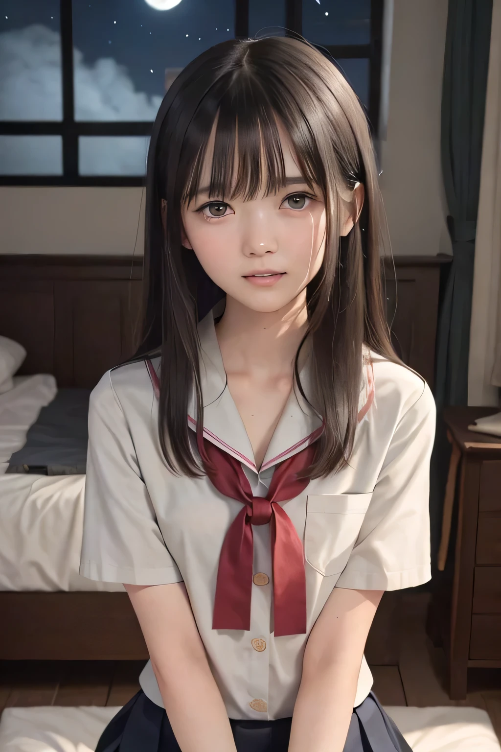 (masterpiece, Best Quality, 8K,Raw photo, High resolution:1.5), (1 girl, upper body, kneeling on the floor, Restrained girl, a girl is crying, arms behind back:1.6), (crying, sobbing, tearing, tearful, full-face blush, embarrassed, shyness), (dark background, night, indoor, moon light, bedroom, double bed:1.8), (Candid, Sophisticated, Thin arms, Narrow waist, Slim body, Slender girl:1.7), (Bokeh:1.7), (cleavage, small breasts:1.5), Beauty, (taken off shirt, Unbuttoned shirt, naked open shirt, school sailor uniform with red ribbon, serafuku, short sleeve shirt, Pleated miniskirt, slave metal collar, chained handcuff:1.9), (short two braids hair, black eyes:1.8), (forehead:1.7), japanese