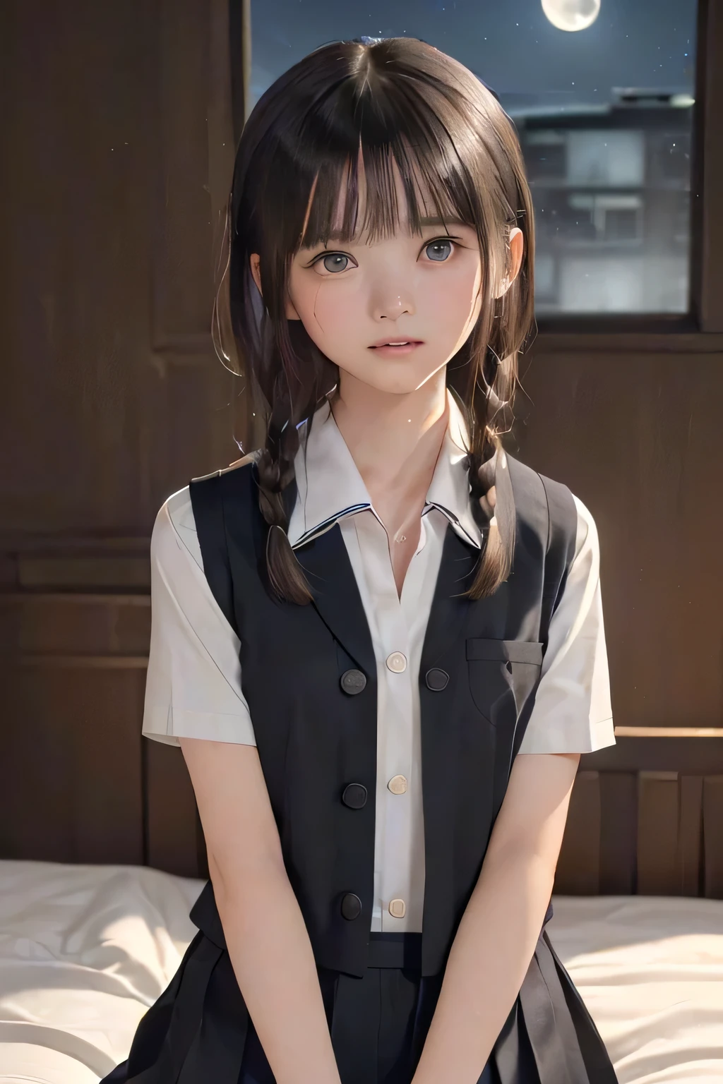 (masterpiece, Best Quality, 8K,Raw photo, High resolution:1.5), (1 girl, upper body, kneeling on the floor, Restrained girl, a girl is crying, arms behind back:1.4), (crying, sobbing, tearing, tearful, full-face blush, embarrassed, shyness:1.2), (dark background, night, indoor, moon light, bedroom, double bed:1.8), (Candid, Sophisticated, Thin arms, Narrow waist, Slim body, Slender girl:1.7), (Bokeh:1.7), (cleavage, small breasts:1.5), Beauty, (taken off shirt, Unbuttoned shirt, naked open shirt, school uniform, vest, short sleeve shirt, Pleated miniskirt, slave metal collar, chained handcuff:1.7), (short two braids hair, black eyes:1.6), (forehead:1.4), japanese