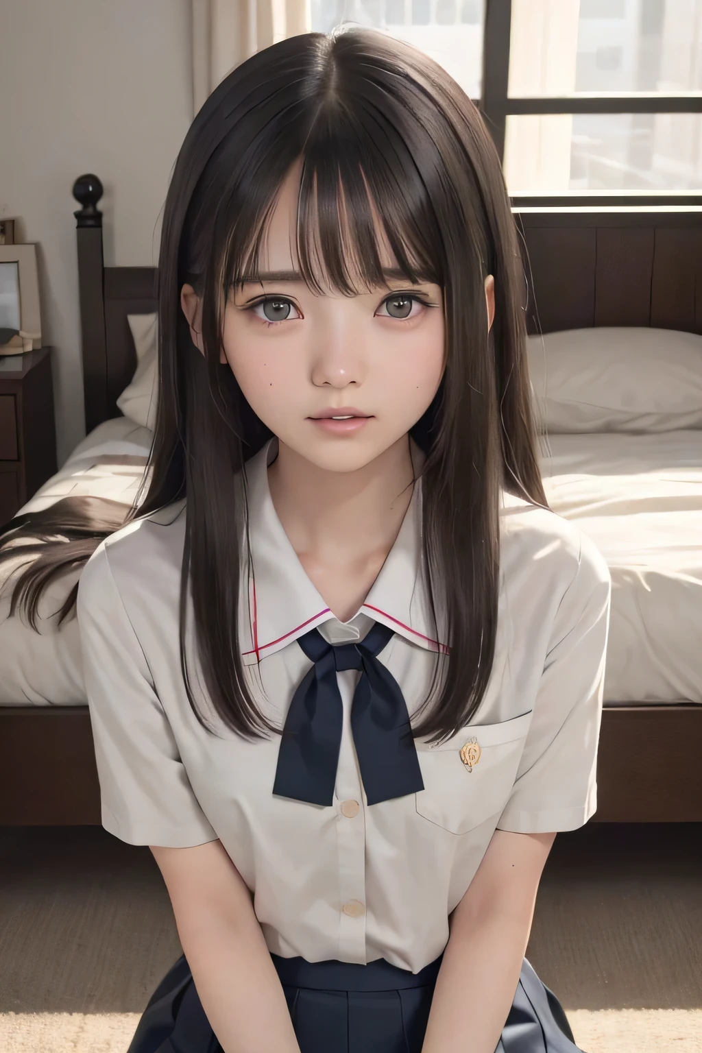 (masterpiece, Best Quality, 8K,Raw photo, High resolution:1.5), (1 girl, upper body, kneeling on the floor, Restrained girl, a girl is crying, arms behind back:1.6), (crying, sobbing, tearing, tearful, full-face blush, embarrassed, shyness), (dark background, night, indoor, moon light, bedroom, double bed:1.8), (Candid, Sophisticated, Thin arms, Narrow waist, Slim body, Slender girl:1.7), (Bokeh:1.7), (cleavage, small breasts:1.5), Beauty, (taken off shirt, Unbuttoned shirt, naked open shirt, school sailor uniform with red ribbon, serafuku, short sleeve shirt, Pleated miniskirt, slave metal collar, chained handcuff:1.9), (short two braids hair, black eyes:1.8), (forehead:1.7), japanese