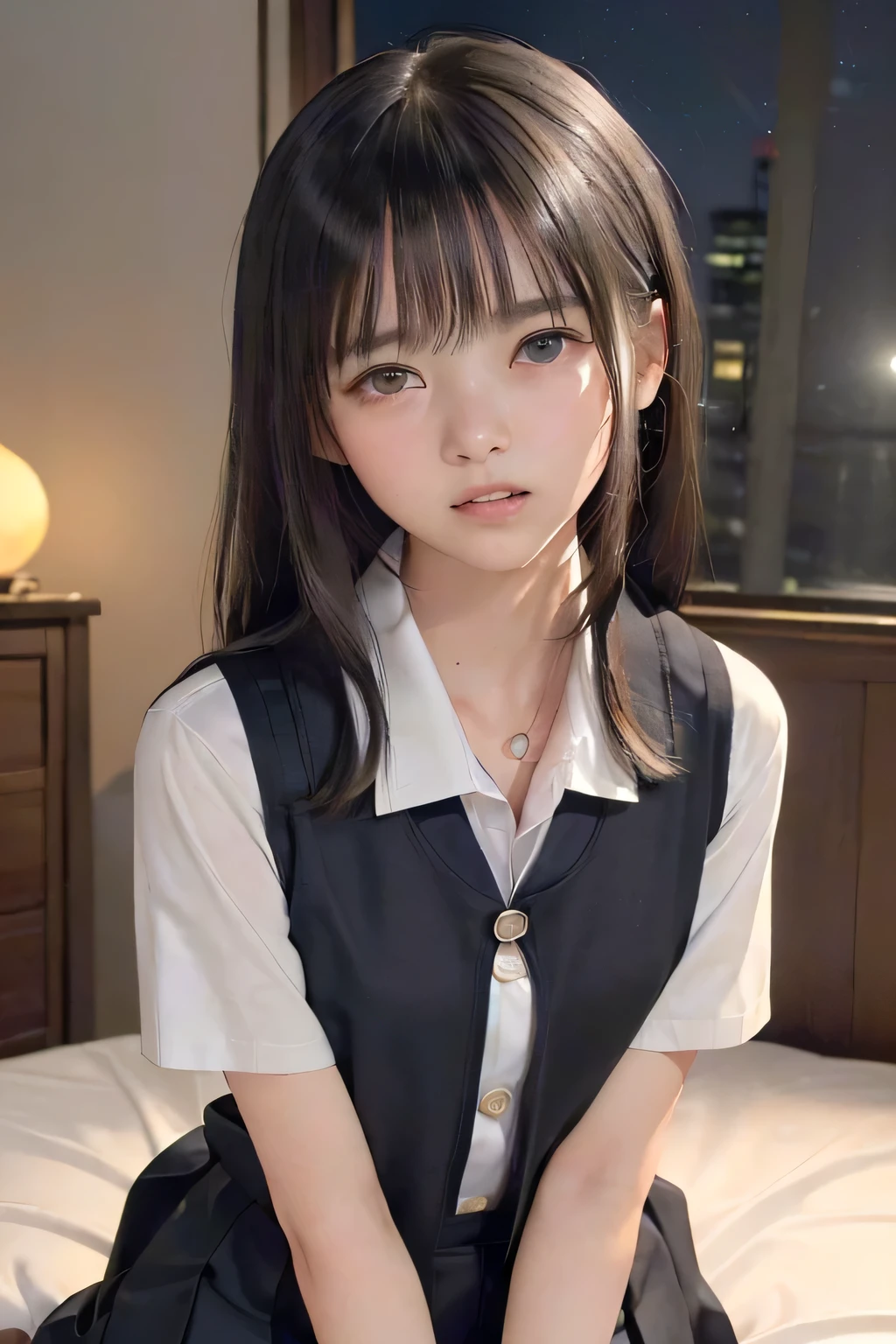 (masterpiece, Best Quality, 8K,Raw photo, High resolution:1.5), (1 girl, upper body, kneeling on the floor, Restrained girl, a girl is crying, arms behind back:1.4), (crying, sobbing, tearing, tearful, full-face blush, embarrassed, shyness:1.2), (dark background, night, indoor, moon light, bedroom, double bed:1.8), (Candid, Sophisticated, Thin arms, Narrow waist, Slim body, Slender girl:1.7), (Bokeh:1.7), (cleavage, small breasts:1.5), Beauty, (taken off shirt, Unbuttoned shirt, naked open shirt, school uniform, vest, short sleeve shirt, Pleated miniskirt, slave metal collar, chained handcuff:1.7), (short two braids hair, black eyes:1.6), (forehead:1.4), japanese