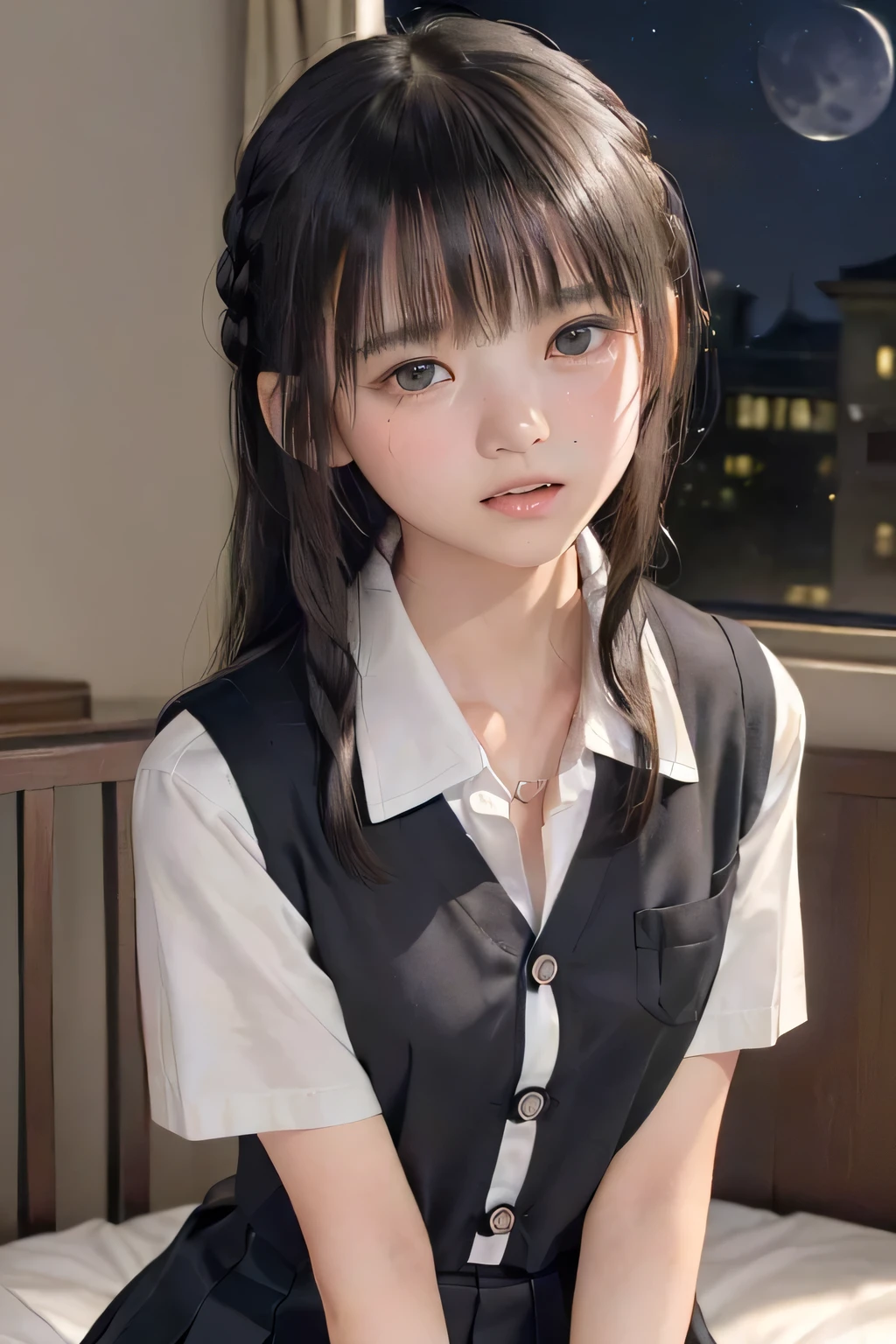 (masterpiece, Best Quality, 8K,Raw photo, High resolution:1.5), (1 girl, upper body, kneeling on the floor, Restrained girl, a girl is crying, arms behind back:1.4), (crying, sobbing, tearing, tearful, full-face blush, embarrassed, shyness:1.2), (dark background, night, indoor, moon light, bedroom, double bed:1.8), (Candid, Sophisticated, Thin arms, Narrow waist, Slim body, Slender girl:1.7), (Bokeh:1.7), (cleavage, small breasts:1.5), Beauty, (taken off shirt, Unbuttoned shirt, naked open shirt, school uniform, vest, short sleeve shirt, Pleated miniskirt, slave metal collar, chained handcuff:1.7), (short two braids hair, black eyes:1.6), (forehead:1.4), japanese