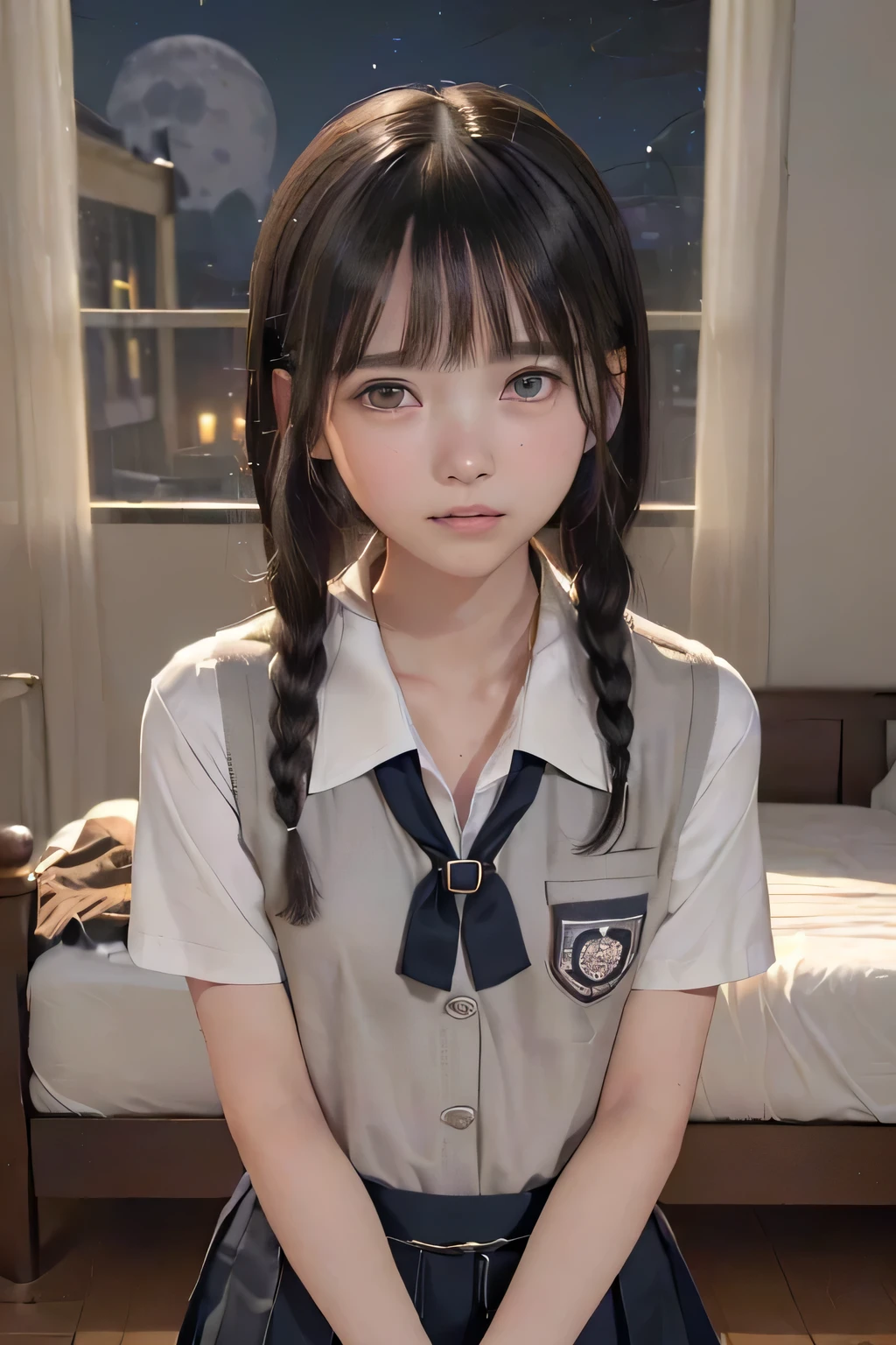 (masterpiece, Best Quality, 8K,Raw photo, High resolution:1.5), (1 girl, upper body, kneeling on the floor, Restrained girl, a girl is crying, arms behind back:1.4), (crying, sobbing, tearing, tearful, full-face blush, embarrassed, shyness:1.2), (dark background, night, indoor, moon light, bedroom, double bed:1.8), (Candid, Sophisticated, Thin arms, Narrow waist, Slim body, Slender girl:1.7), (Bokeh:1.7), (cleavage, small breasts:1.5), Beauty, (taken off shirt, Unbuttoned shirt, naked open shirt, school uniform, vest, short sleeve shirt, Pleated miniskirt, slave metal collar, chained handcuff:1.7), (short two braids hair, black eyes:1.6), (forehead:1.4), japanese