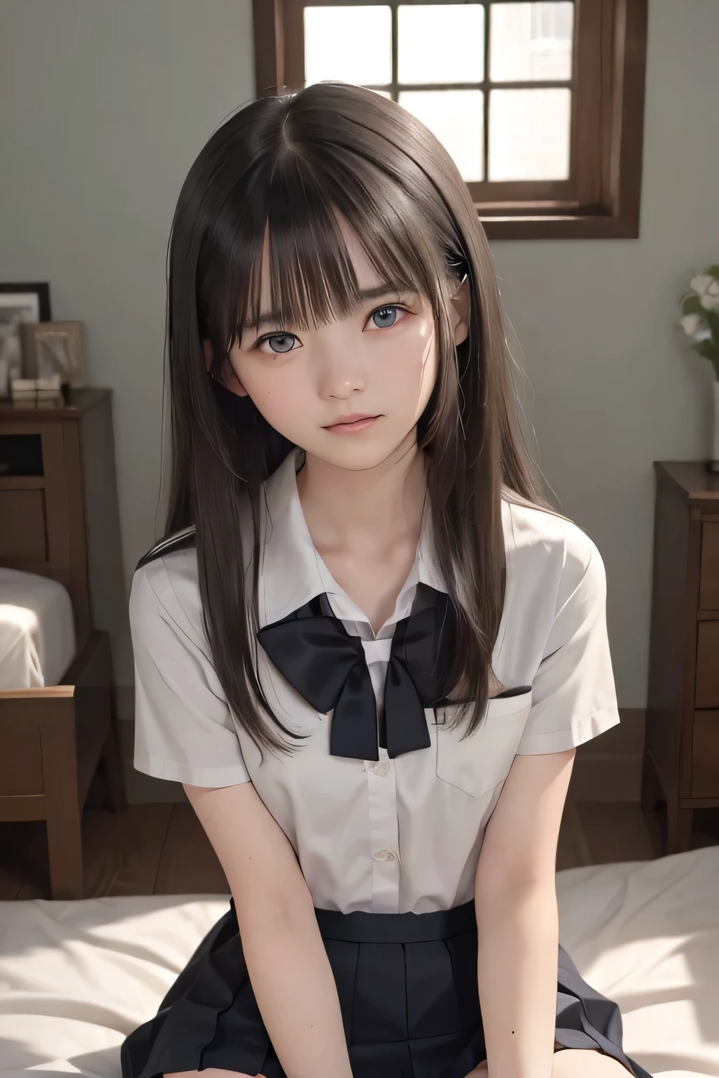 (masterpiece, Best Quality, 8K,Raw photo, High resolution:1.8), (1 girl, upper body, kneeling on the floor, Restrained girl, a girl is crying, arms behind back:1.6), (crying, sobbing, tearing, tearful, full-face blush, embarrassed, shyness), (dark background, night, indoor, moon light, bedroom, double bed:1.8), (Candid, Sophisticated, Thin arms, Narrow waist, Slim body, Slender girl:1.7), (Bokeh:1.7), (cleavage, small breasts:1.5), Beauty, (taken off shirt, Unbuttoned shirt, naked open shirt, school sailor uniform, serafuku, short sleeve shirt, Pleated miniskirt, slave metal collar, chained handcuff:1.9), (short two braids hair, black eyes:1.8), (forehead:1.7), japanese