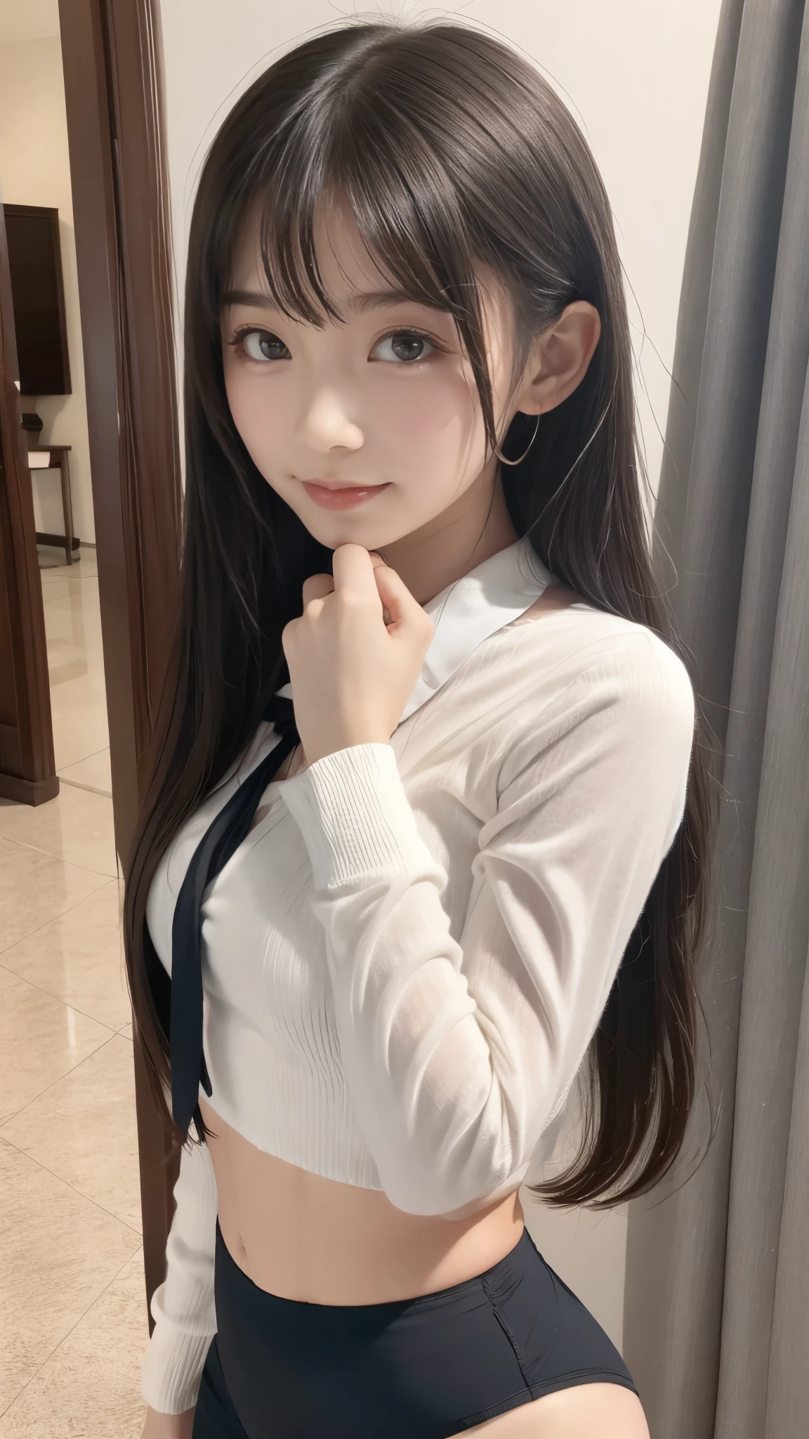 smile、RAW Photos、(((A portrait of extreme beauty)))、((Glowing Skin))、1 girl、Beautiful 16 year old girl from Prague、((The most beautiful buraunn hair in the world))、[Beautiful shining black eyes]、白くGlowing Skin、Cheek luster、Silky super long straight hair、eyeliner、long bangs that hide the eyes,,,,,,,,,,, Nose and mouth,、Hair between the eyes、Fluttering Hair、Bright expression、((masterpiece、最high quality、Ultra-detailed、Film Light、Big bright blue eyes that sparkle、Intricate details、High resolution、8k、Very detailed))、Detailed Background、8k ウルトラHD、Digital SLR、Soft Light、high quality、Film Grain、Fujifilm XT3 、Shallow depth of field、Natural soft light、（Without hands）、Kamimei、Saleme、