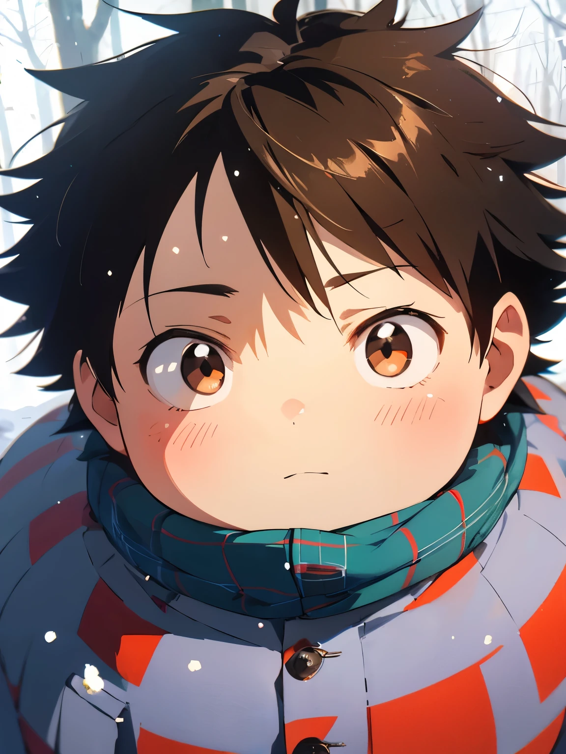 a painting portrait of boy wearing ((lumberjack clothes)) in manhwa style, [Haruyuki Arita] is a boy from [Accel World] that has brown short hair in spiky hair style and ((black eyes)), close angle, overweight!! ager, energic atmosphere, high definition, masterpiece, best quality, high detail, grain filter, mamoru hosoda, nagatoro, obese, tall), red chicks, ((happy)), in a snowy forest, lots of snow, lots of trees, focus on the arita
