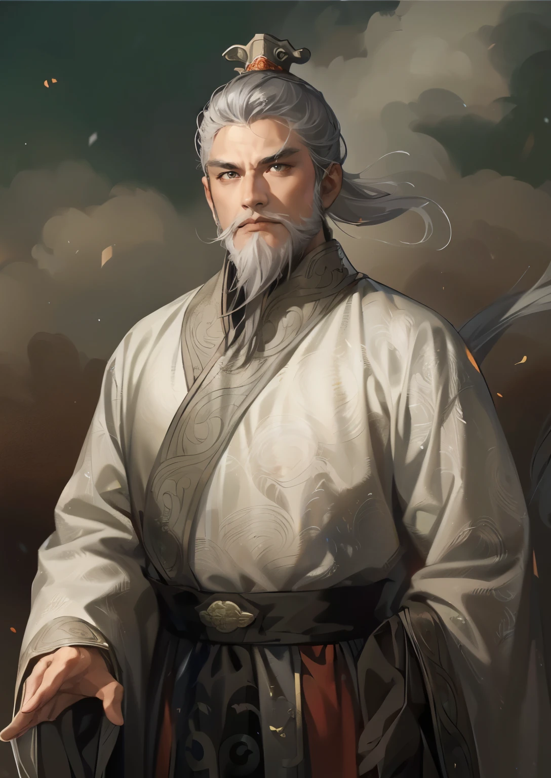 (((Maintain color ))), ((( picture style maintenance ))), (( Koei Three Kingdoms illustration style)), ((Maintain the composition)),  Attractive Man , black eyes, (( white hair)), ((Gray hair)), (old man), (( rich beard)),