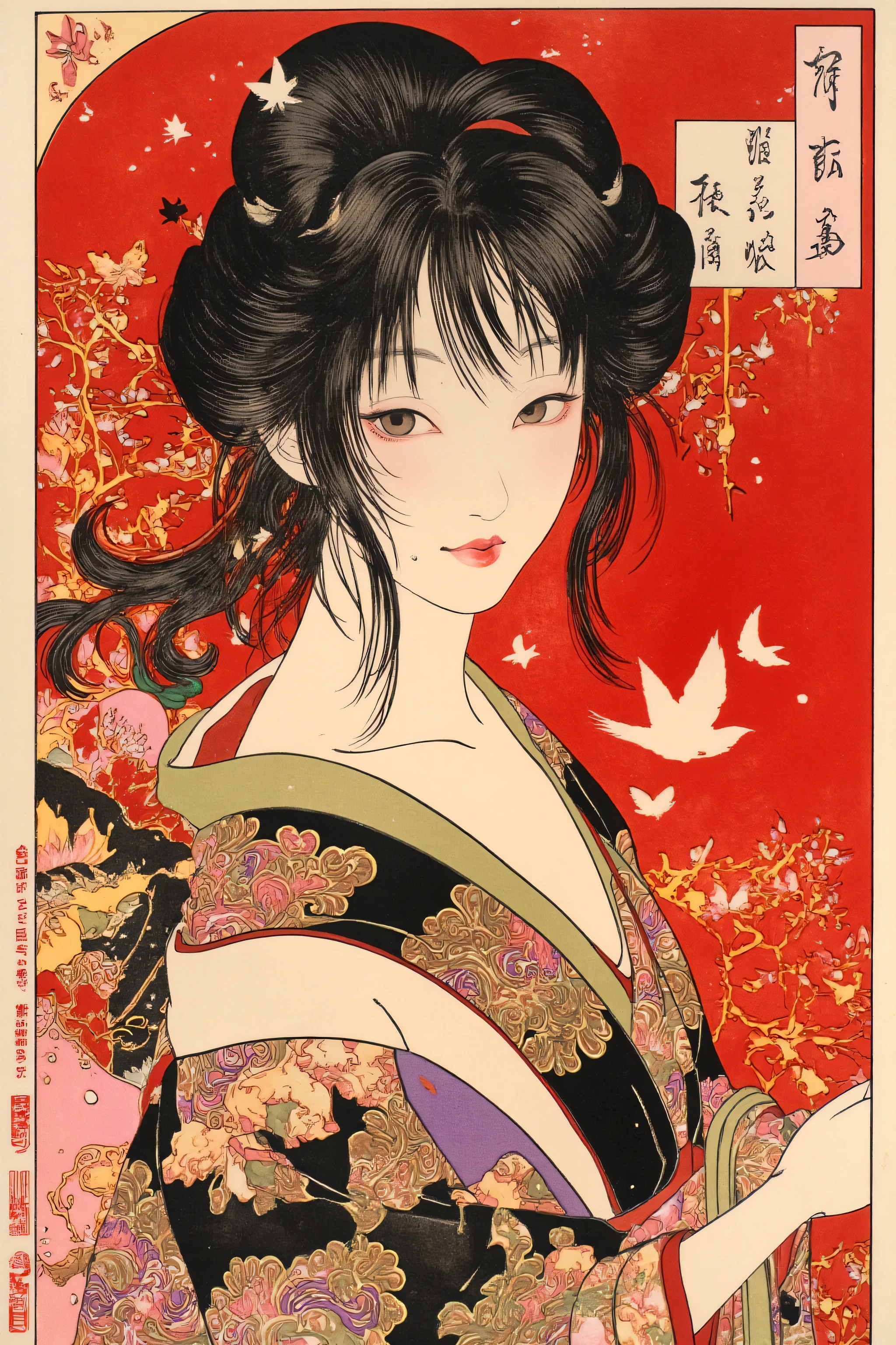 1 girl,beautiful face,turime,oiran,geisha,kimono,hair ornament,beautiful neck,plump lips,dark,evil smile,slender face,off shoulder,cleavage,feminine,messy hair,erotic,Nihonga,Japanese painting style,(colorfull,vivid color:1.5),sharp line,butterfly,bird,flower,dynamic pose,detailed image,gold, black,red,scarlet,Itō Jakuchū style,Taiyo Matsumoto style,Katsura Masakazu style,Yoshitaka Amano style, ,tsukioka1 Japanese woodblock print ukiyo-e,