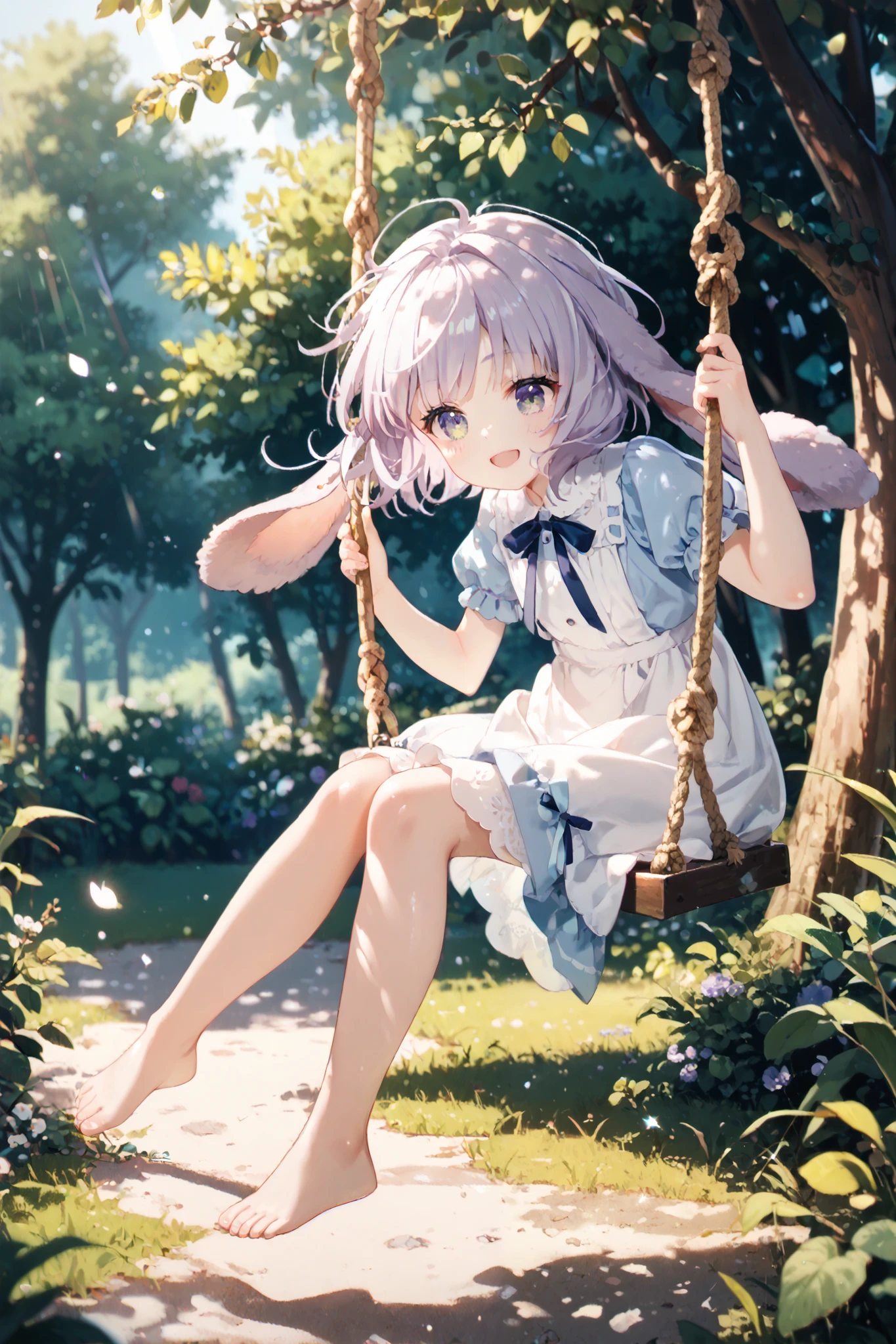 (full body:1.4), (grey gradation eyes:1.2), score_9, score_8_up, score_7_up, score_6_up, source_anime, 1girl, solo, A very cute girl is playing on a swing, outdoor, He is sitting with his legs stretched out on a swing suspended by two ropes from the branch of a large tree, White Dress, below-knee dress, Navy blue ribbon, puffy Short Sleeve, (lop-eared:1.2), barefoot, dynamic angle, from side, face focus, looking side,  BREAK  ,Detailed Eyes and Faces, Wide smile:D, purple hair, short hair, braid bangs, Pretty and cute girl, gentle breeze, Dynamic hair and clothes,  dappled sunlight, light sparkles, depth of coverage, shiny hair, shiny skin, The air is very clear and surrounded by abundant nature, Make the hair and clothes flutter in the wind as the swing swings back and forth.
