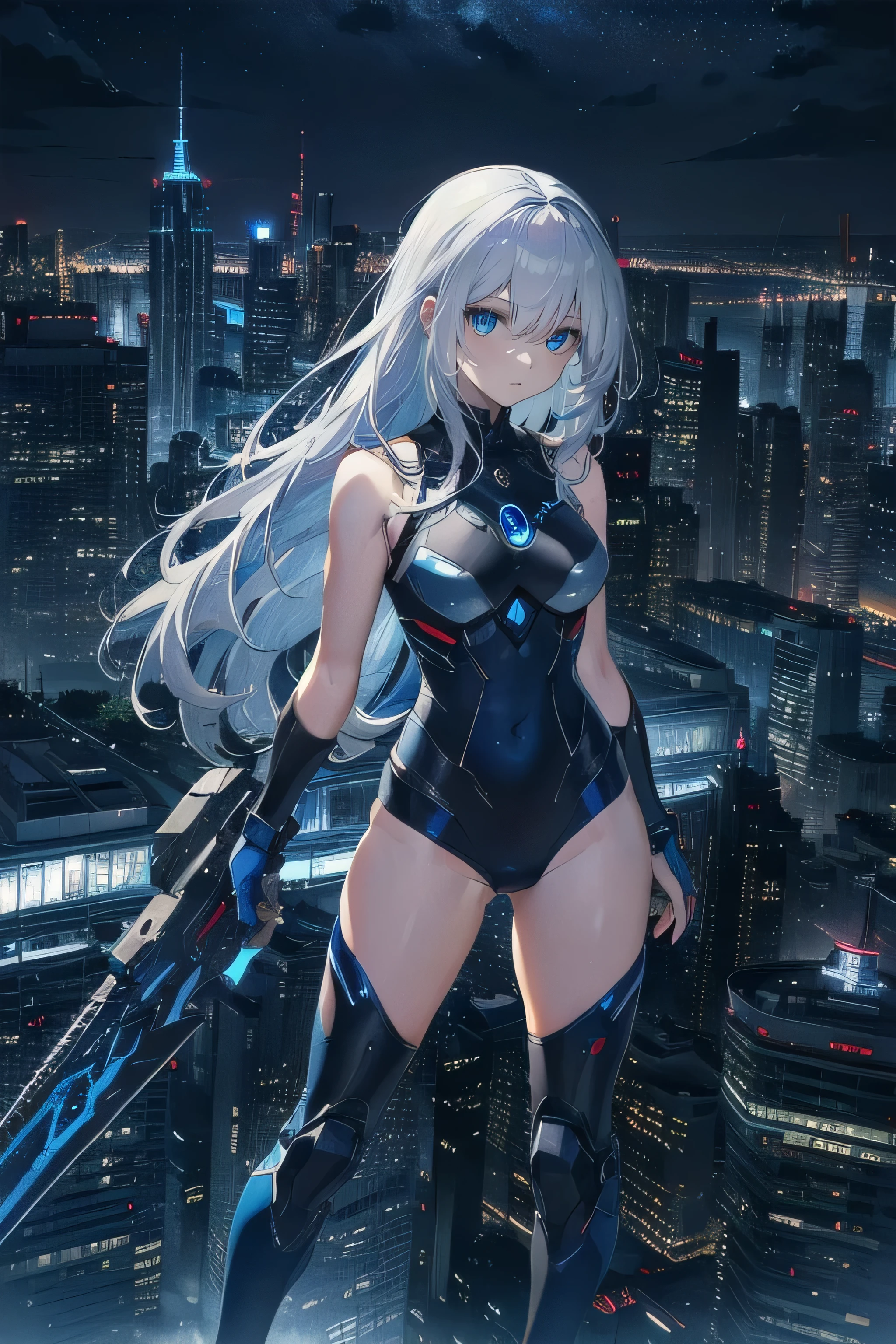 (masterpiece), (best quality), ultra detailed, finely detailed color, cenematic painting, (Top image quality), (Ultra Detailed), (Facing forward), top quality, masterpiece, (((only 1 girl))), Silver Hair, white hair, ((Long hair)), (deep blue eyes:1.6), night, urban, ((holding cybernetic weapon)), ((high leg)), ((bare legs)), ((sleeveless)), battle suit, bodysuit, mecha suit, black suit, skyline, ((city background:1.2))