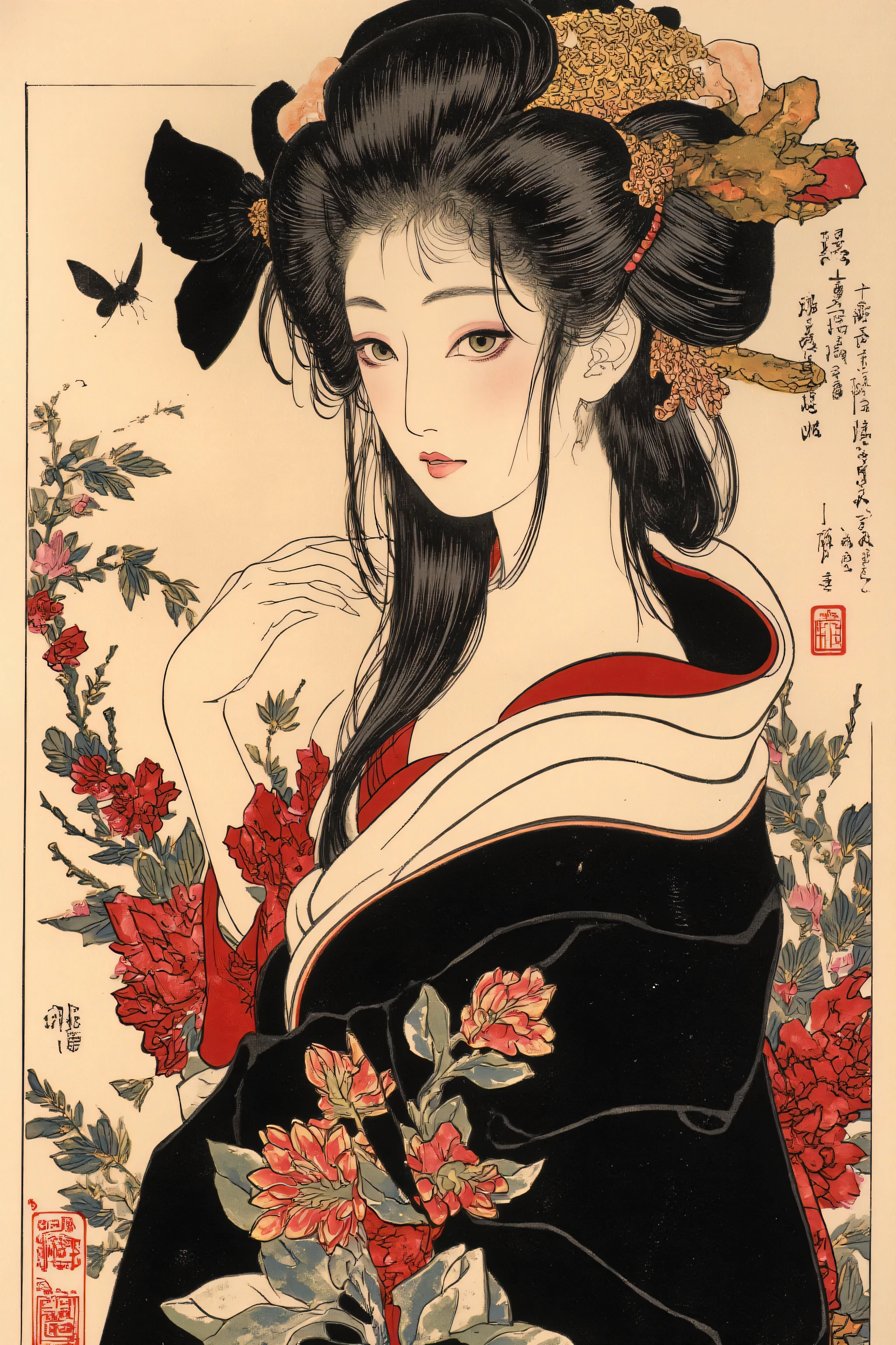1 girl,beautiful face,turime,oiran,geisha,black kimono,hair ornament,beautiful neck,plump lips,(dark mood),evil smile,goth makeup,slender face,off shoulder,cleavage,feminine,messy hair,erotic,Nihonga,Japanese painting style,(colorfull,vivid color:1.5),sharp line,(black spider),red butterfly,black flower,dynamic pose,detailed image,(moon, black,scarlet,vermilion:1.3),Itō Jakuchū style,Taiyo Matsumoto style,Katsura Masakazu style,Yoshitaka Amano style, ,tsukioka1 Japanese woodblock print ukiyo-e,