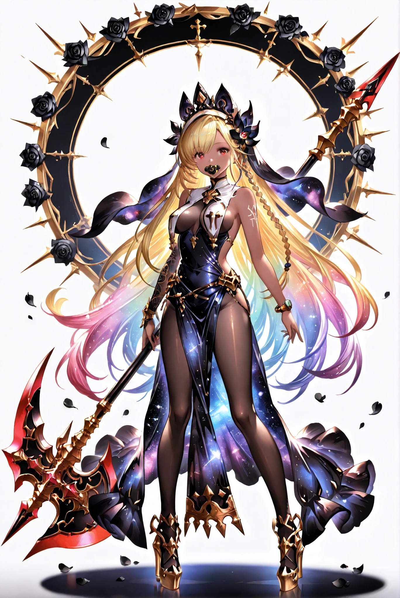 ruanyi0847,bodysuit,breast curtains,dress,nun,pantyhose,pelvic curtain ,(black roses battleaxe,,roses battleaxe, stands,whole body, high heels, front view,Standing picture, white background:1.7),HoleHeels,oval/Circle/Thorn/Horn Heels,,limited color palette,Colorful, vivid colors ,flashing silhouette,neon,black light ,watch, Masterpiece, Very Beautiful,, shiny skin, galaxy dress, backless dress, golden ornaments, arm tattoo, , Granblue_ fantasy, Helel_Ben_Shalem, dark skin, Blonde, long hair, braid, red eyes, pacifier,一個擁有巨大的Black Petal Battle Axe,Black Petal Battle Axe,Black Flower Axe,Black Rose Battle Axe,手持Black Rose Battle Axe
betmd战斧, Clovers Battle Axe,black roses battleaxe
