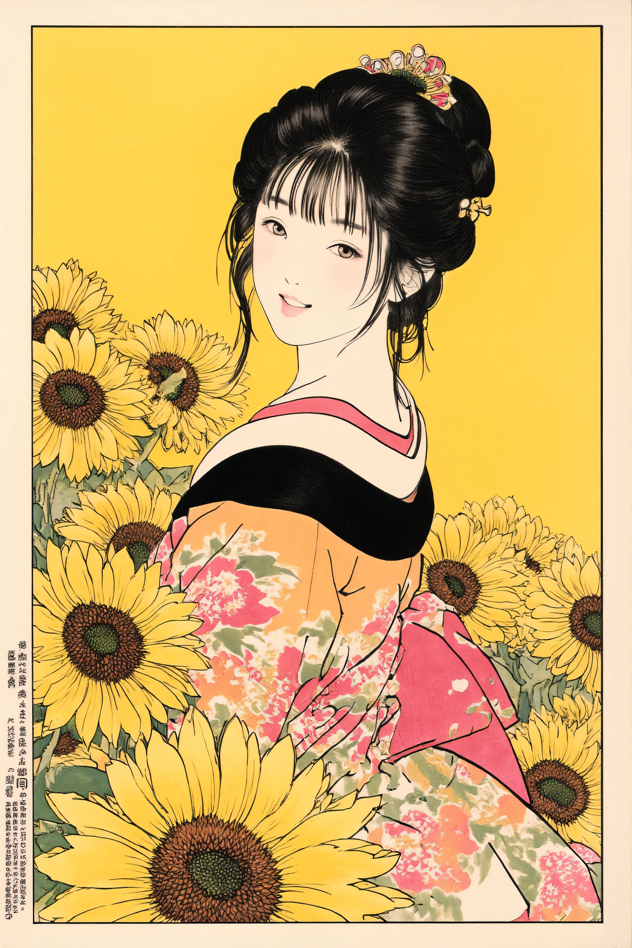 young girl,beautiful face,tareme,oiran,geisha,kimono,hair ornament,beautiful neck,plump lips,((laughing,big smile:1.5)),slender face,feminine,straight hair,erotic,Nihonga,Japanese painting style,(colorfull,vivid color:1.5),sharp line,((sunflower)),dynamic pose,detailed image,white,yellow,Itō Jakuchū style,Taiyo Matsumoto style,Katsura Masakazu style,Yoshitaka Amano style, ,tsukioka1 Japanese woodblock print ukiyo-e,
