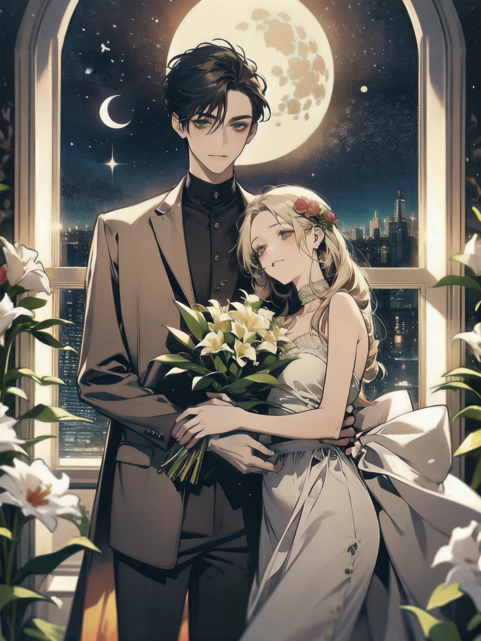 A beautiful bouquet of roses and lilies in a ceramic vase, Red and white colors, Comfortable rooms, wreath, Open window, Moon and Stars, evening, Comfortable Atmosphere , Lovers
