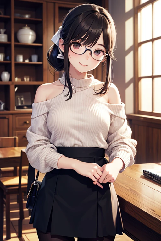 Takane Manaka, shiny brown long hair, pony tail with ribbon、beautiful brown eyes, smiling face, sparkling pupils, (fine grain), highly detailed eyes, highly detailed face, highly detailed eyes,, (masterpiece:1.2, best quality), 1 girl, cowboy shot,,
cowboy shot,
( best quality:1.2), one girl,(( best quality)), (( masterpiece)), ( details), perfect face, pantyhose, Pretty Girl, Black One Shoulder Knitwear、 tight long skirt ,Bare Shoulder Glasses,
professional lighting,Realistic shadows,Just concentrate, beautiful hands , beautiful fingers for cows,指の detailsな特徴, detailsなアーム機能, detailsな衣服の特徴, detailsな髪の特徴, detailsな顔の特徴,(table top, best quality,Ultra high resolution output image,) ,( 8K product,),( Picture Mode Ultra HD ,)