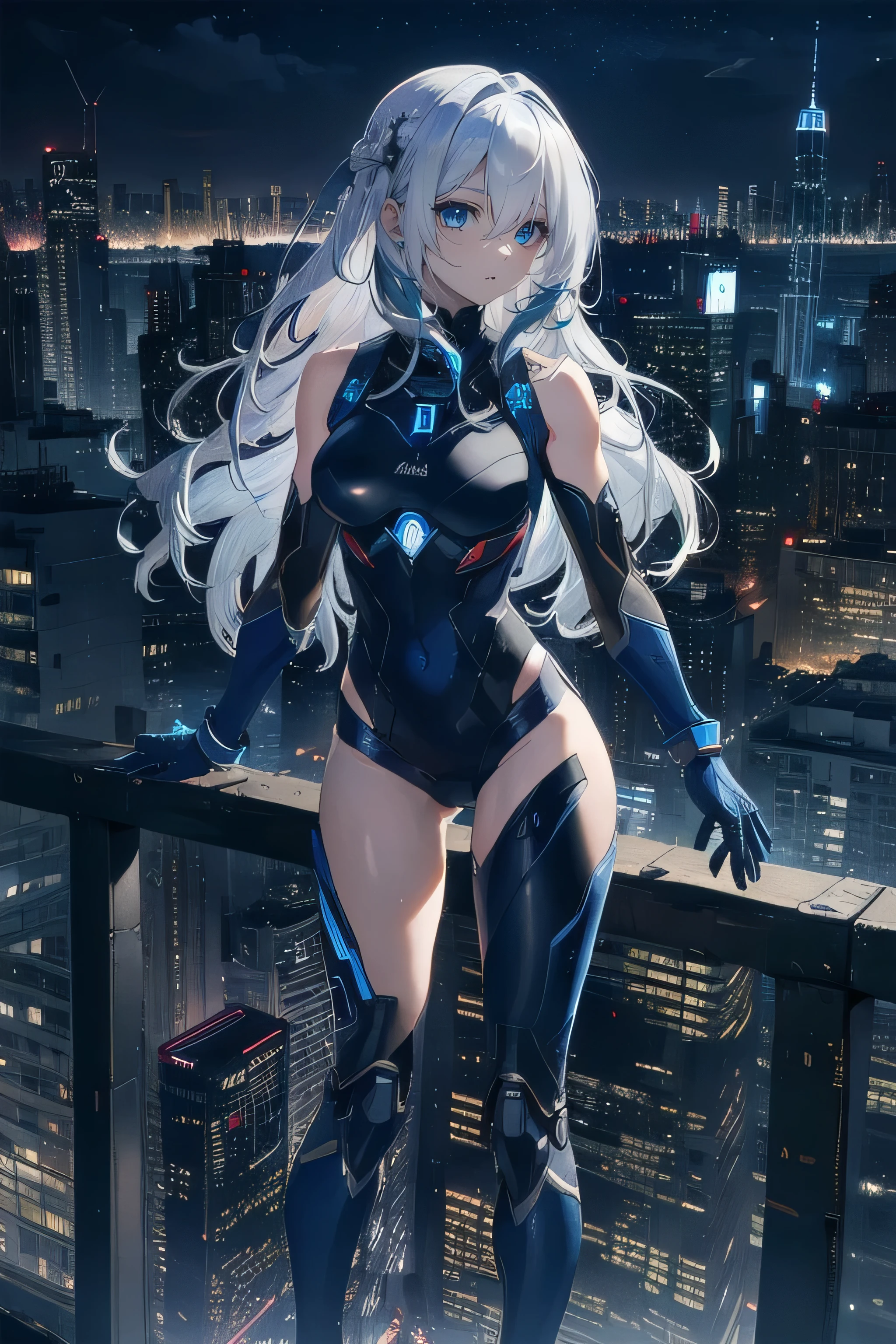 ((Biologically correct limb count)),(( From head to toe,Full-body photo including face)),4K,((Standing position)),masterpiece,((Focus on the face)),((Symmetrical facial features)),Eyes with detailed description,Beautiful woman,Great style,Beautiful arms,Beautiful legs,Beautiful Hands,(Small Ass,Thin thighs),Detailed depiction of the face,Small earrings,necklace,(Tight Suit,((High heel long boots))),((evening,Looking out at the city from the school rooftop)),(((blue blonde))),Realistic photo,Looking back