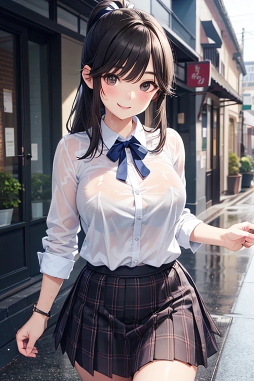 1girl, 3d beautiful anime girl, black haired anime girl, braided hair, young sweet anime girl, teen girl, 14 years old girl, large breasts, , white shirt, wet clothes, long sleeves, pink underwear, pink bra, see-through, bra visible through clothes, wet shirt, pleated skirt, black skirt, miniskirt, looking at viewer, outdoors, wearing black shoes, wearing white socks, cute face expression, blushing, front body view, upper body view, looking at camera, 4k, ultra sharp quality, great shadow quality imaging, realistic tecsture, waiting at a bus stop, rainy background, rain, beautiful, wet, red necktie, grin, embarrassed, outdoors, standing, grin, leaning forward, blushing, smiling