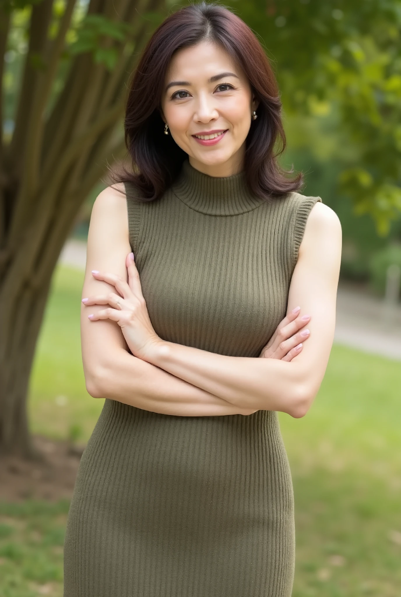 Beautiful middle-aged woman standing in a park (48 years old: 1.4), wavy dark hair ,Slender and long legs, fine laugh lines: 1.2, and a bewitching smile . 。 sharp facial details , amazing beauty (Ultimate beauty), It features 、 (lipstick: 1.1), ( eyeliner: 1.2), mascara, and eyeshadow . model exudes elegance and confidence , large garden near , photo by Nomi quality ( by Nomi: 1.2, hyper by Nomi: 1.1, photo by Nomi: 1.37), Unmatched Beauty Live Venue, and formal aesthetics (1.4). The image is rendered with sharp focus (1.4), allows depth of field, and physical base rendering . Each fashion pattern has sophisticated seasonal styling, 。 The image exudes clarity and refinement 。Moss colored turtleneck sleeveless knit dress, with makeup including a blurred abstract background 、 reflects quiet refinement .