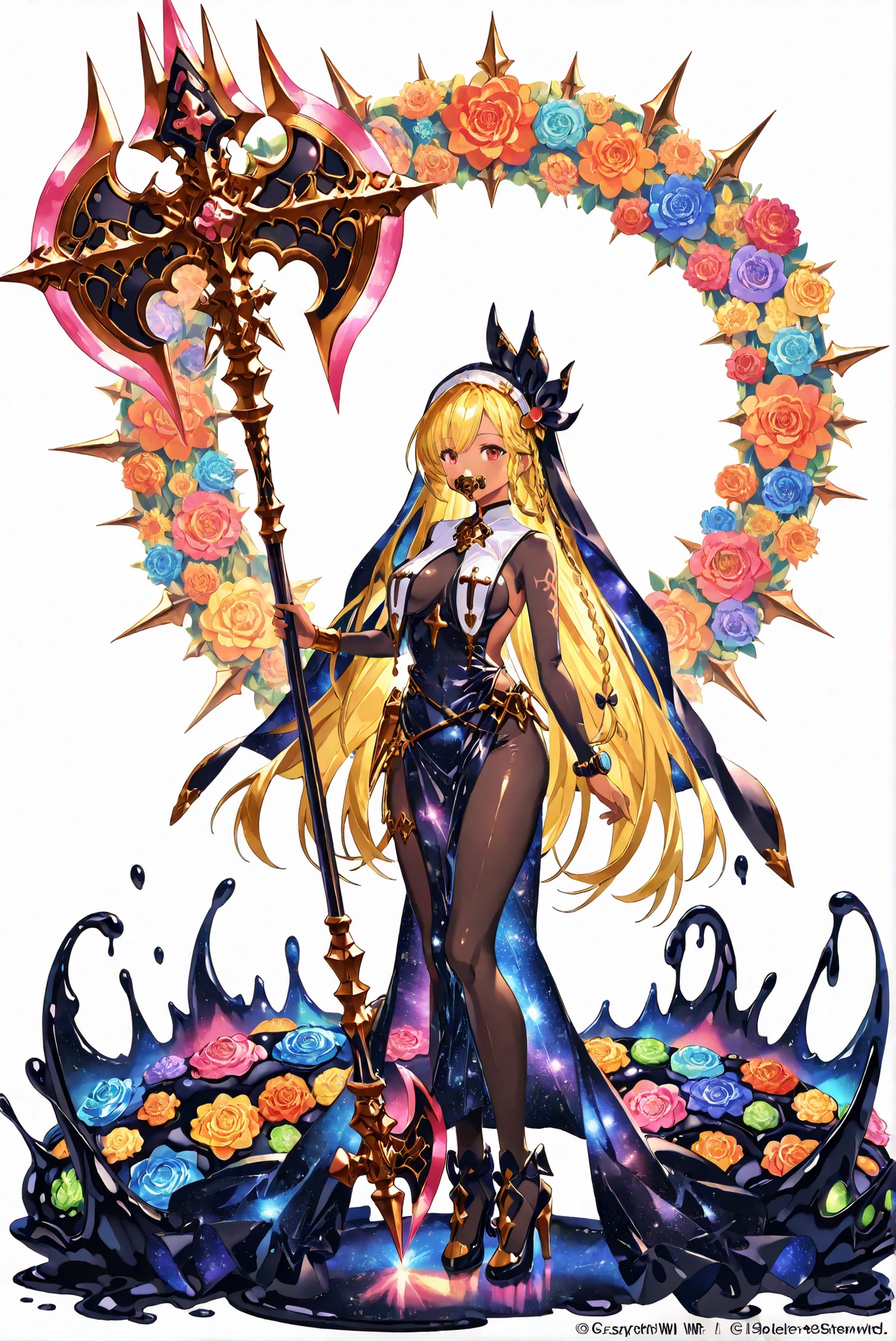ruanyi0847,bodysuit,breast curtains,dress,nun,pantyhose,pelvic curtain ,(black slimes_flowerwm battleaxe,,made of flowers battleaxe, stands,whole body, high heels, front view,Standing picture, white background:1.7),HoleHeels,oval/Circle/Thorn/Horn Heels,,limited color palette,Colorful, vivid colors ,flashing silhouette,neon,black light ,watch, Masterpiece, Very Beautiful,, shiny skin, galaxy dress, backless dress, golden ornaments, arm tattoo, , Granblue_ fantasy, Helel_Ben_Shalem, dark skin, Blonde, long hair, braid, red eyes, pacifier,一個擁有巨大的black slimes_flowerwm battle axe,black slimes_flowerwm battle axe,black slimes_flowerwm battle axe,slimes_flowerwm battle axe,Handheld slimes_flowerwm battle axe slimes_flowerwm battle axe, slimes_flowerwm battle axe,slimes_flowerwm
roses battleaxe,black made of flowers battle axe,黑色black made of flowers battle axe,made of flowers battle axe,手持made of flowers battle axe made of flowers battle axe, made of flowers battle axe,made of flowers
roses battleaxe,