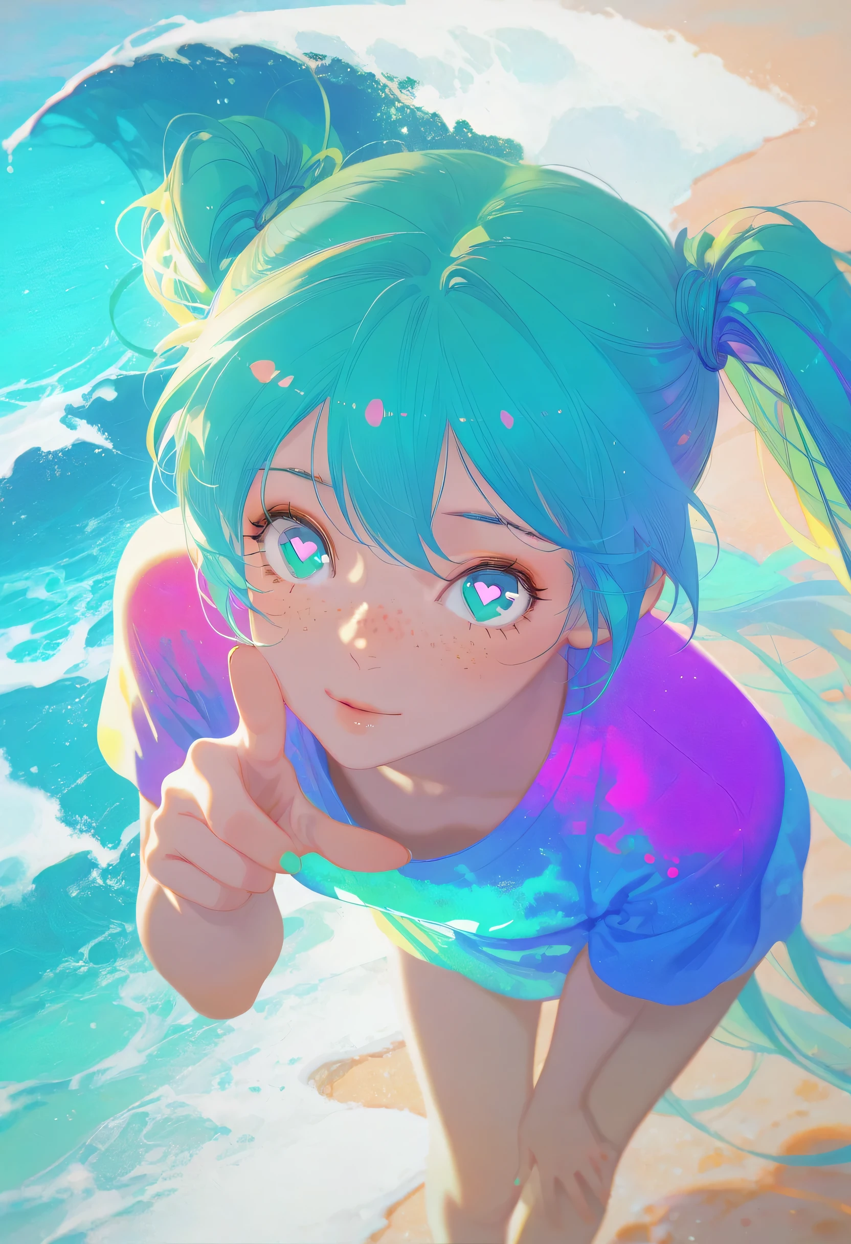 mian_lang,blending, flat color, no lineart, negative space, colorful, hatsune miku, space station, heart-shaped pupils, close-up, eyebrow, from above, freckles, t-shirt, multicolored background, beach, waves, ultraviolet light, chromatic aberration, standing, leaning forward, pointing at viewer, masterpiece, best quality, very awa, absurdres