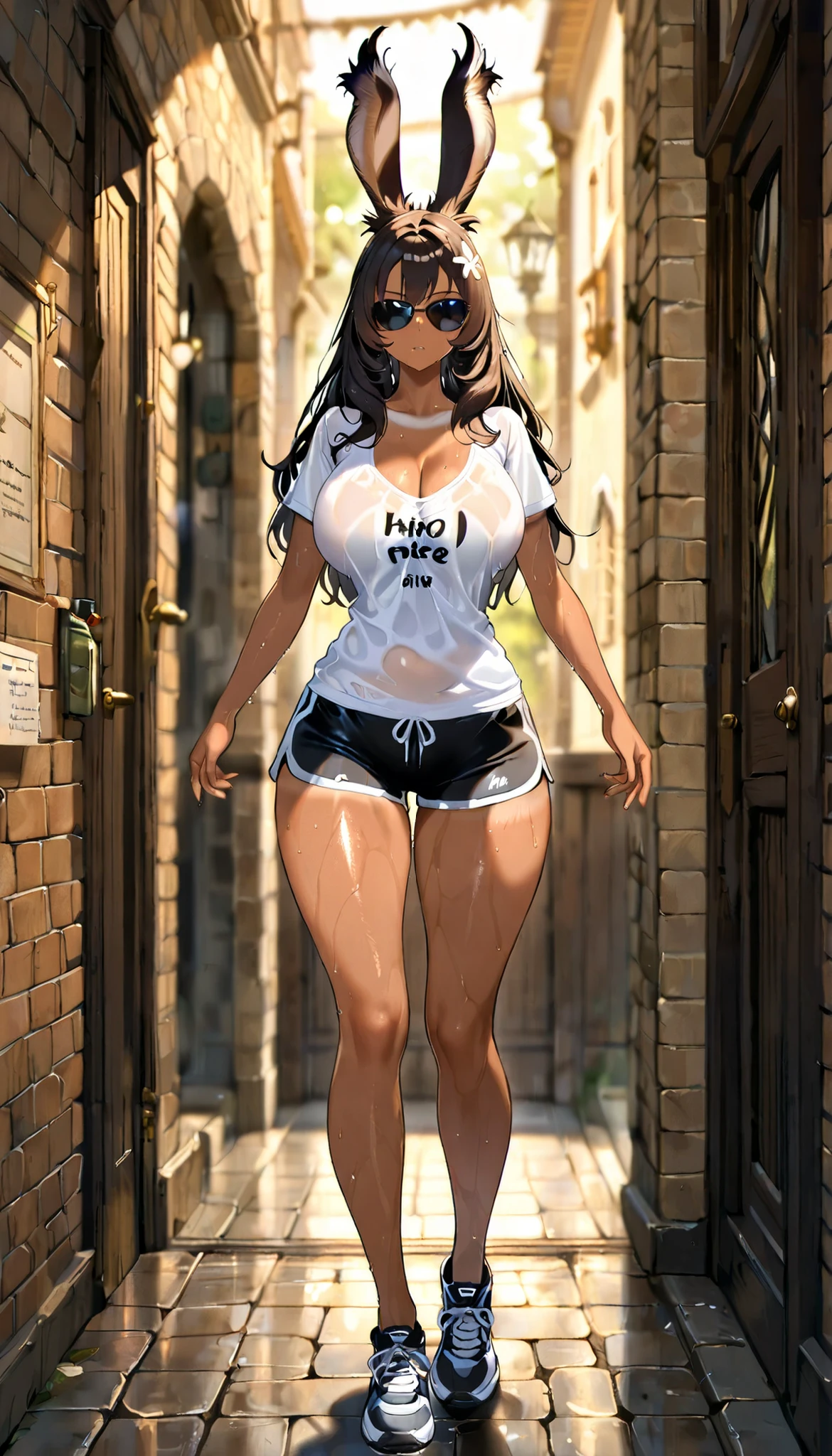 (((( masterpiece)))), (((( top quality)))), high resolution,fine grain, detailed face, Highly Detailed Expression , beautiful eyes 、 detailed face、 detail hair 、 Sparkling Skin 、sweat、(( Beautiful tanned Viera girl)), viera, , sexy , (( )) , ((, t-shirts shorts sunglasses Empty-handed )) 、 action, Big breasts and deep cleavage, full body shot , ((())、(((Empty-handed)))、( )、()、( )、( wet hair)、(Spainを旅する )、( 激烈な action ), (( sweats ))、( Sparkling Skin、 )、((Fun))、(( erotic))、(((Spain Barcelona ( Sagrada Familia:1.4) sunset)))、