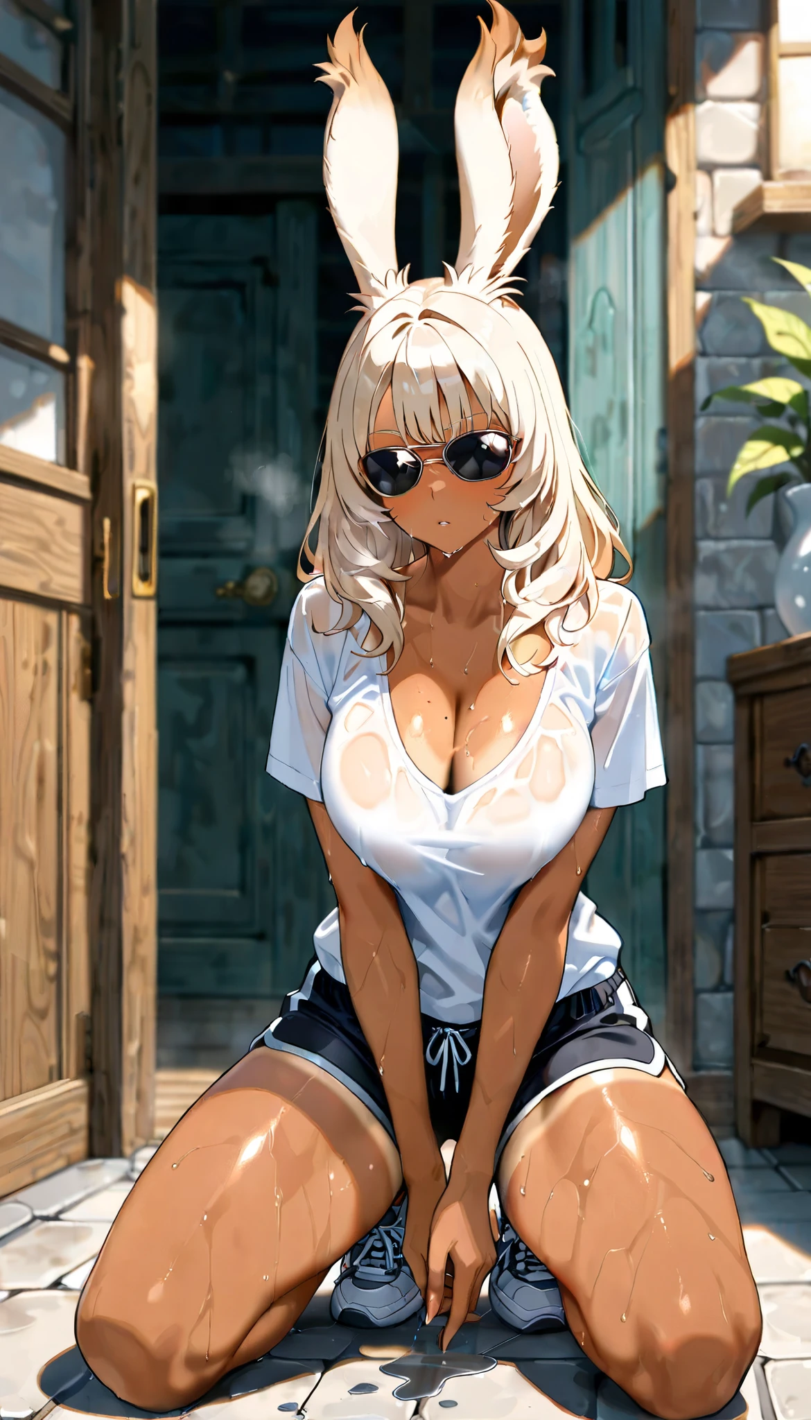 (((( masterpiece)))), (((( top quality)))), high resolution,fine grain, detailed face, Highly Detailed Expression , beautiful eyes 、 detailed face、 detail hair 、 Sparkling Skin 、sweat、(( Beautiful tanned Viera girl)), viera, , sexy , (( )) , ((, t-shirts shorts sunglasses Empty-handed )) 、 action, Big breasts and deep cleavage, full body shot , ((())、(((Empty-handed)))、( )、()、( )、( wet hair)、(Spainを旅する )、( 激烈な action ), (( sweats ))、( Sparkling Skin、 )、((Fun))、(( erotic))、(((Spain Barcelona ( Sagrada Familia:1.4) sunset)))、