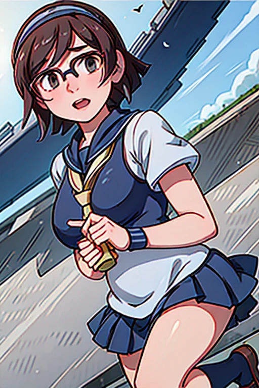 android, beautiful robot, short pigtails, brown hair, Hair tie with two big red clothespins, big smile, brown hair, middle age, joint seam, blue eyes, full body figure, Height: 160cm, Light beige micro mini one-piece dress, fluttering skirt, skirt folds, white retro swimwear, Uplifting, 2020s anime style, 21thcentury japan animation, show White pantie, strong wind is blowing.