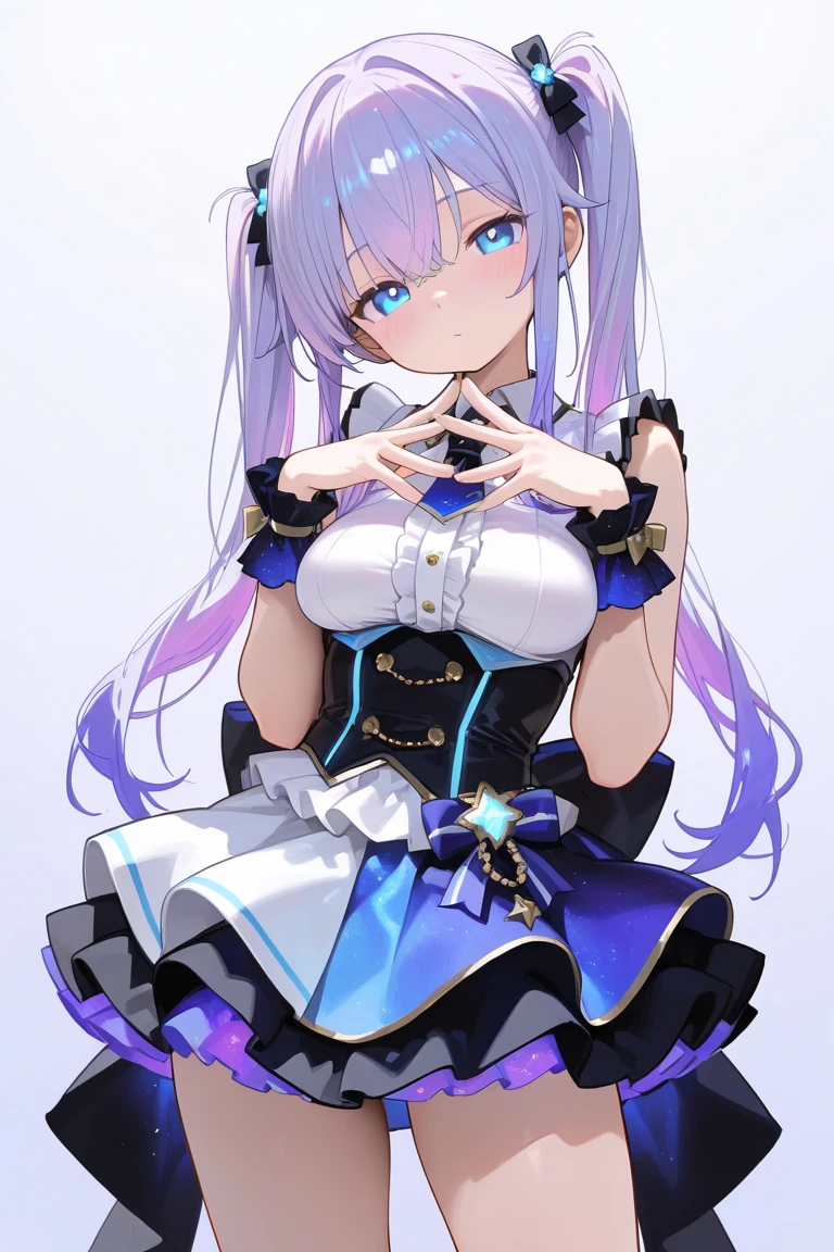 (Best quality, 4k, 8k, high resolution, masterpiece:1.2),1loli girl,delightful,happy、head tilt,(fingers together),(idol clothes),beautiful,cowboy shot, (),(),Large open legs,,(glowing purple hair:.1.5),deep blue hair,long hair,slim body、twintails、tareme,blueeyes, ,(Saggy breasts),simple blue gradient background