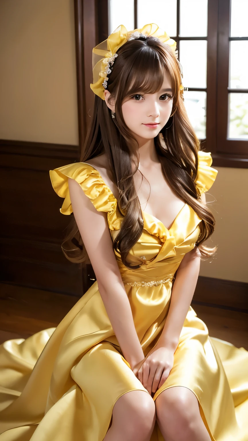 8k, (ultra hd:1.2), (masterpiece:1.5), 1 girl, cute face, very long hair, detailed eyes, small breasts, baby doll costume, (golden costume:1.4), (retro filters:1.4), (fantasy:1.4), (candy world Disney land:1.5), ethereal soft fluffy soft landscape background, hyper realistic Ultra quality cinematic lighting, immense detail, Full hd, perfect body, sitting,
